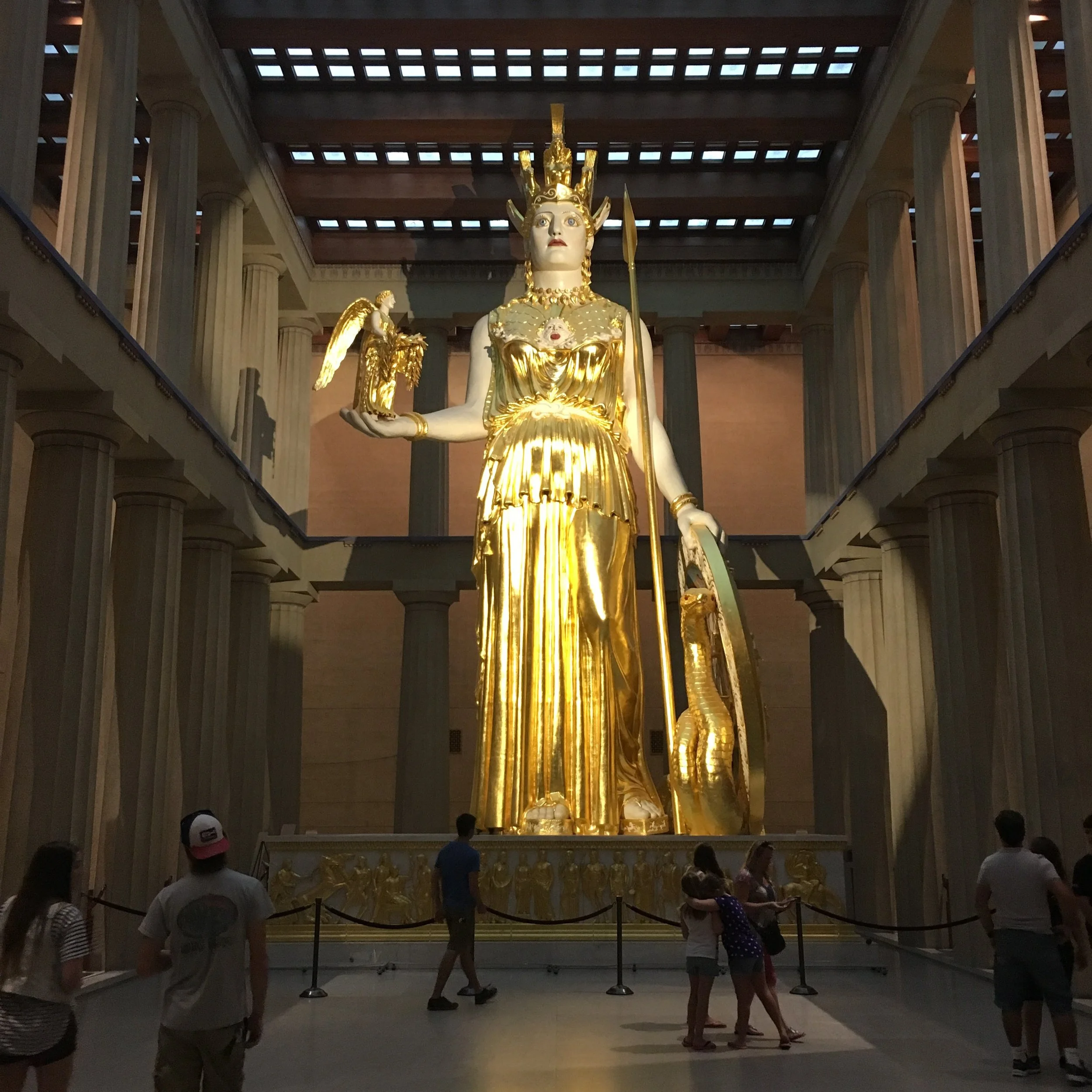  Pallas Athena's wooden replica is the largest statue in America. She presides over the Parthenon building's main hall, which is a popular venue for public and private events. 