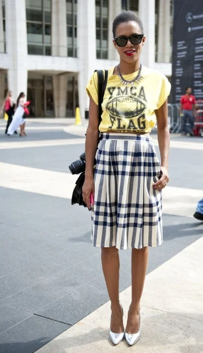slogan tee with plaid skirt