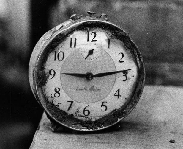 An image of a Pantglas Junior School clock stopped at 9:13am, the moment the disaster occurred.