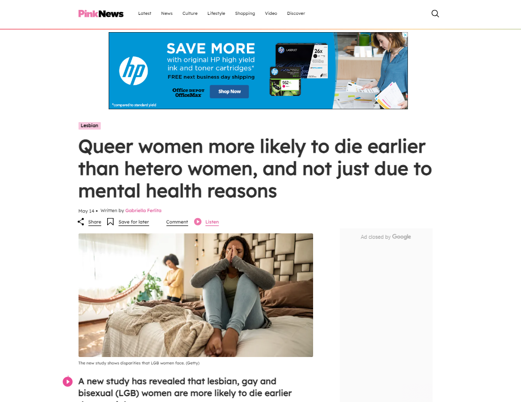 Press Release_Pink News_Queer women more likely to die earlier than hetero women, and not just due to mental health reasons.PNG