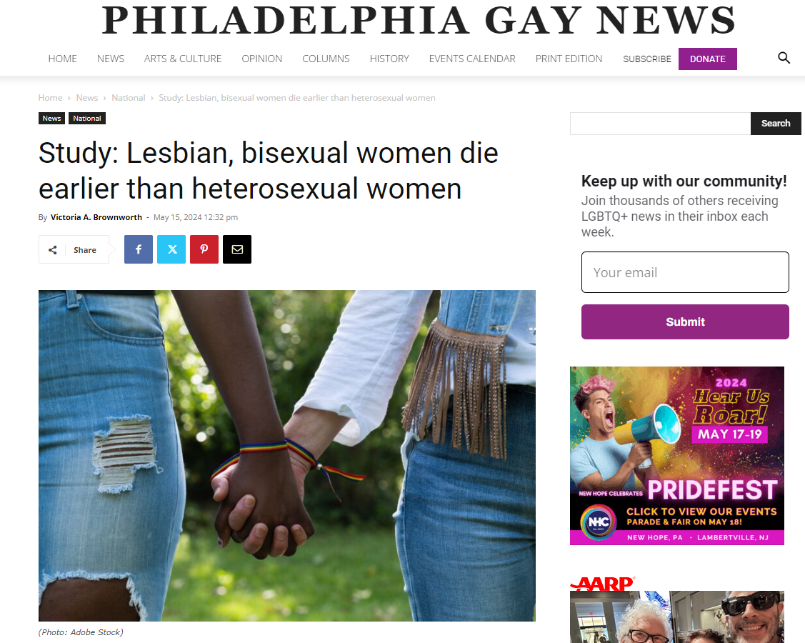 Press Release_Philadelphia Gay News_Study - Lesbian, bisexual women die earlier than heterosexual women.PNG