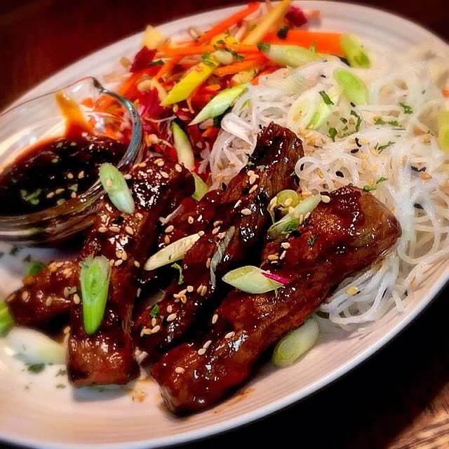 "Korean Beef Bulgogi" with "Pickled Veggies" and "Thin Rice Noodles"