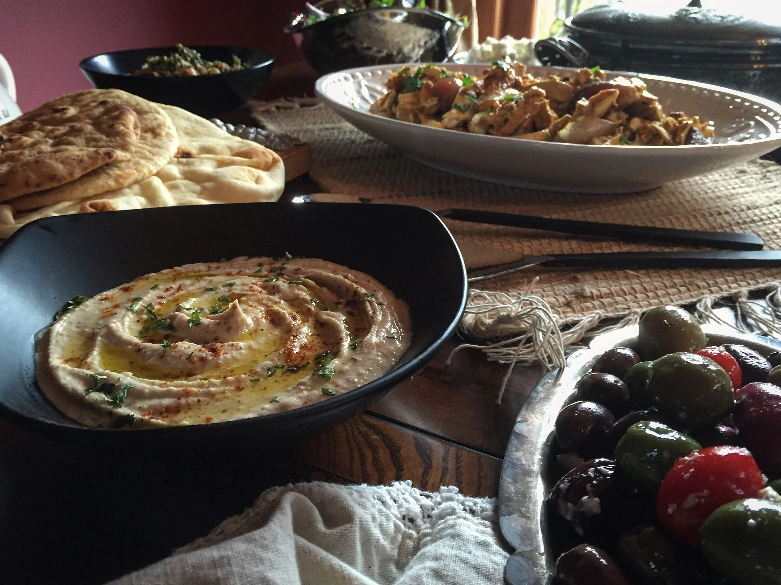 "Harrissa Hummus, Olives, Chicken & Pita"