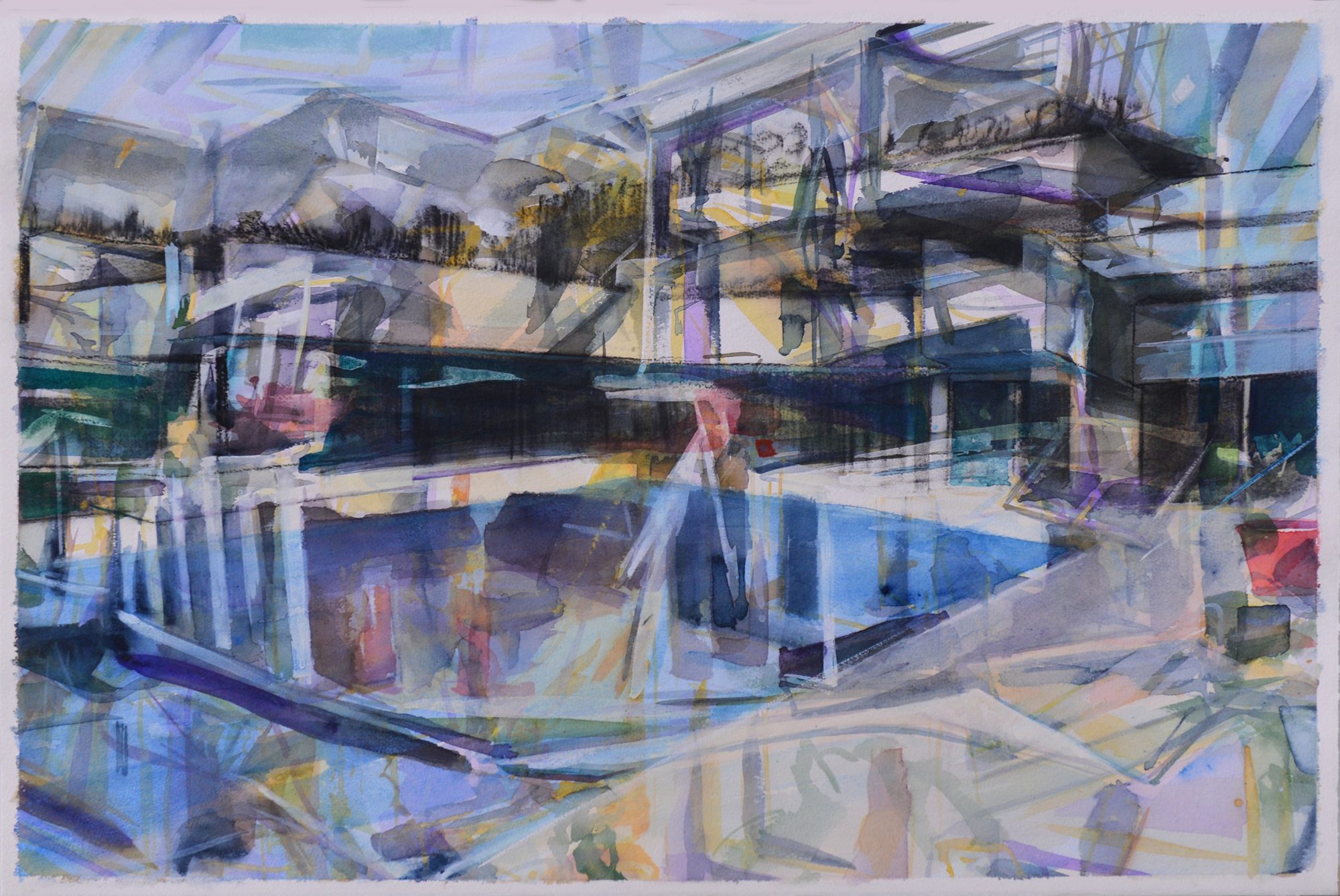   False Reflection (villa moderne),&nbsp; 2015, watercolour, gouache and charcoal on paper, 49 x 74cm. Private collection, France 