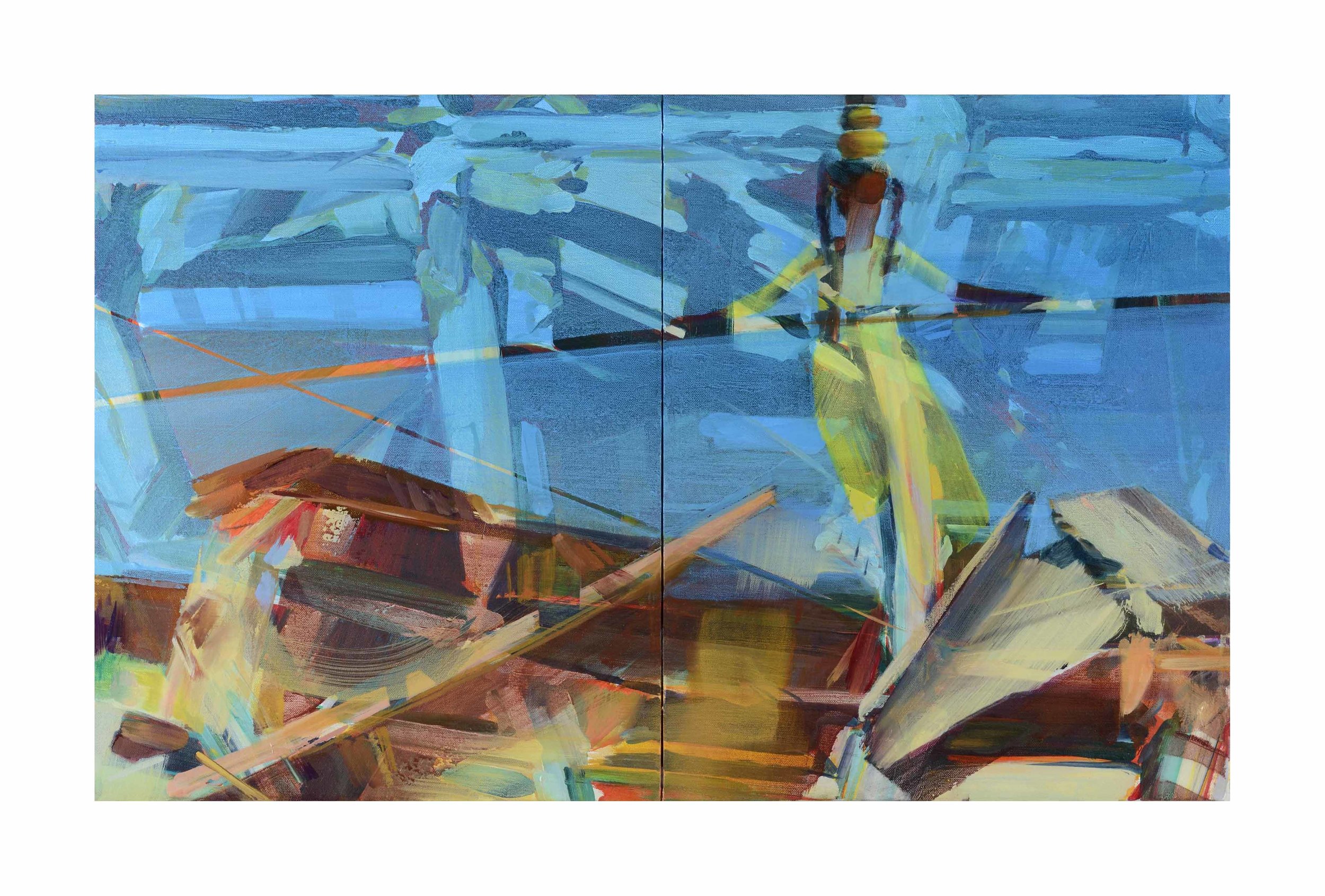   Setting a good trajectory, &nbsp;2017, oil on canvas, 41 x 66cm (diptych). Private collection, France 