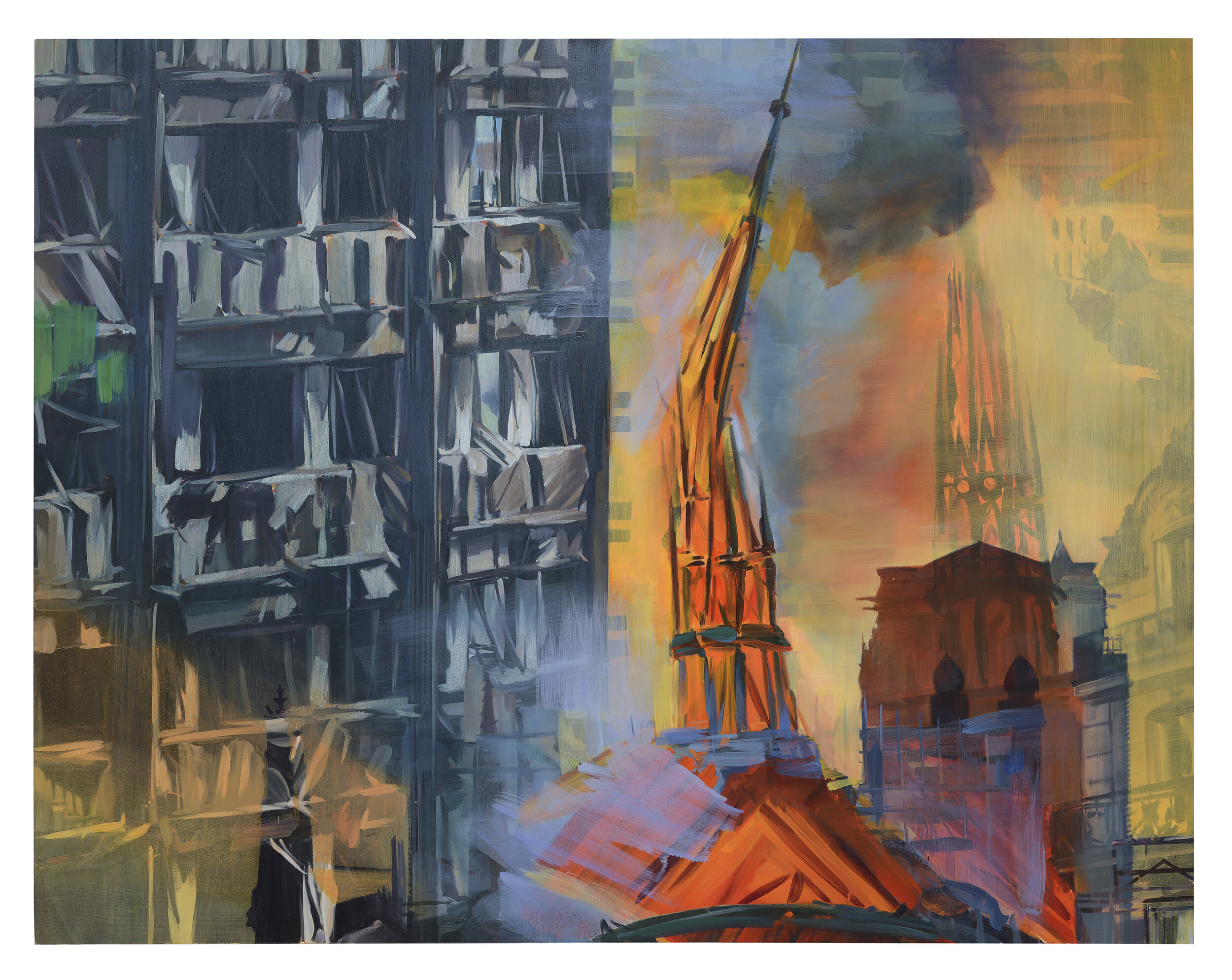   The Capital of Hell - Grenfell - Notre Dame , 2020, oil on canvas, 208x266cm 