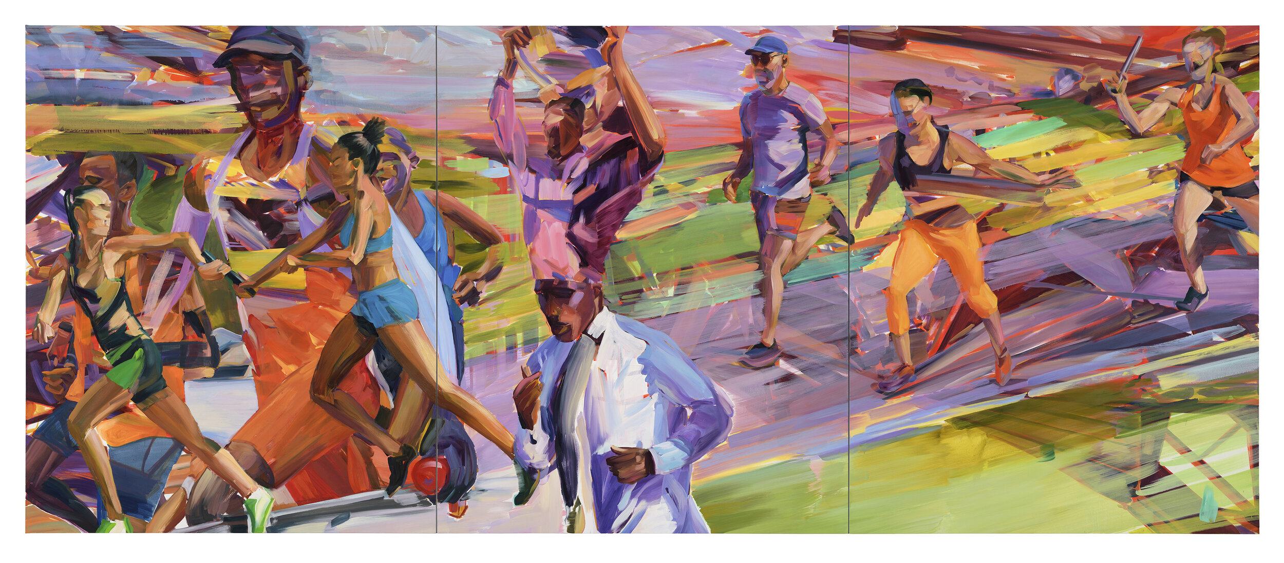   Multiple Realities (Relay) , triptych, 2021, oil on canvas, 220 x 534 cm. Private collection (Austria). 