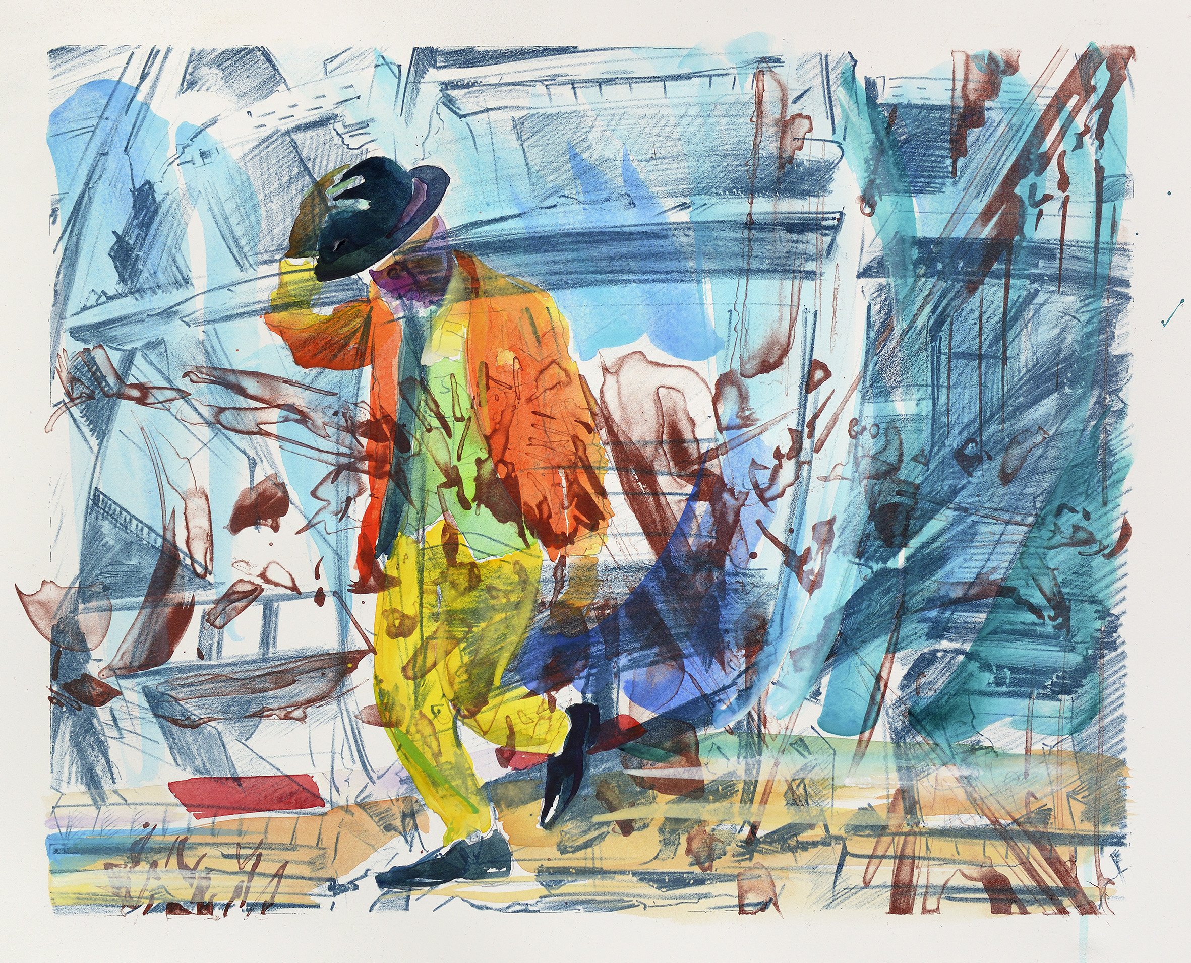  The Sapeur and the Tsunami (Study for a painting) 2023, watercolour on lithography on paper, 50 x 62cm 