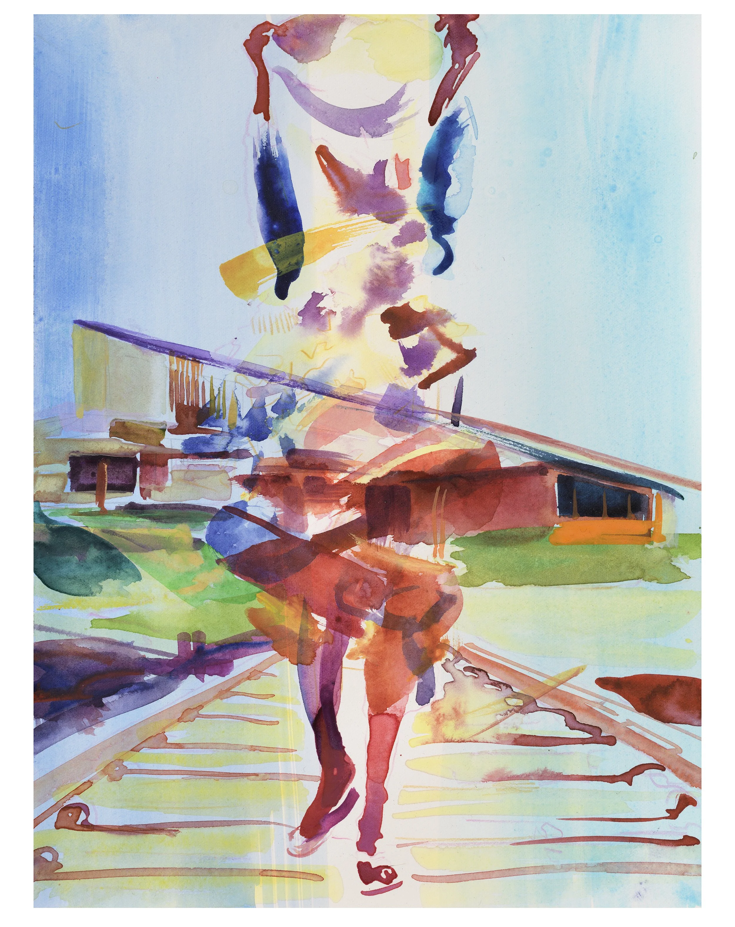   Self Construct with La Maison Louis Carré (I) , 2025, watercolour on paper, 31 x 23cm 