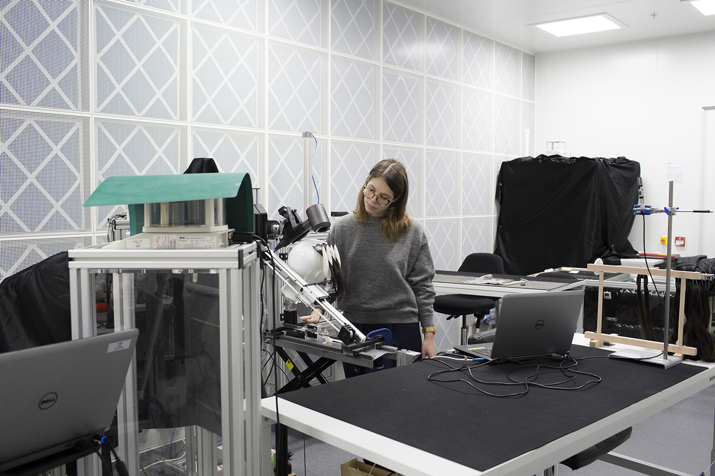   Design engineer Laura Howard, working in the hair research lab at Dyson.&nbsp;  
