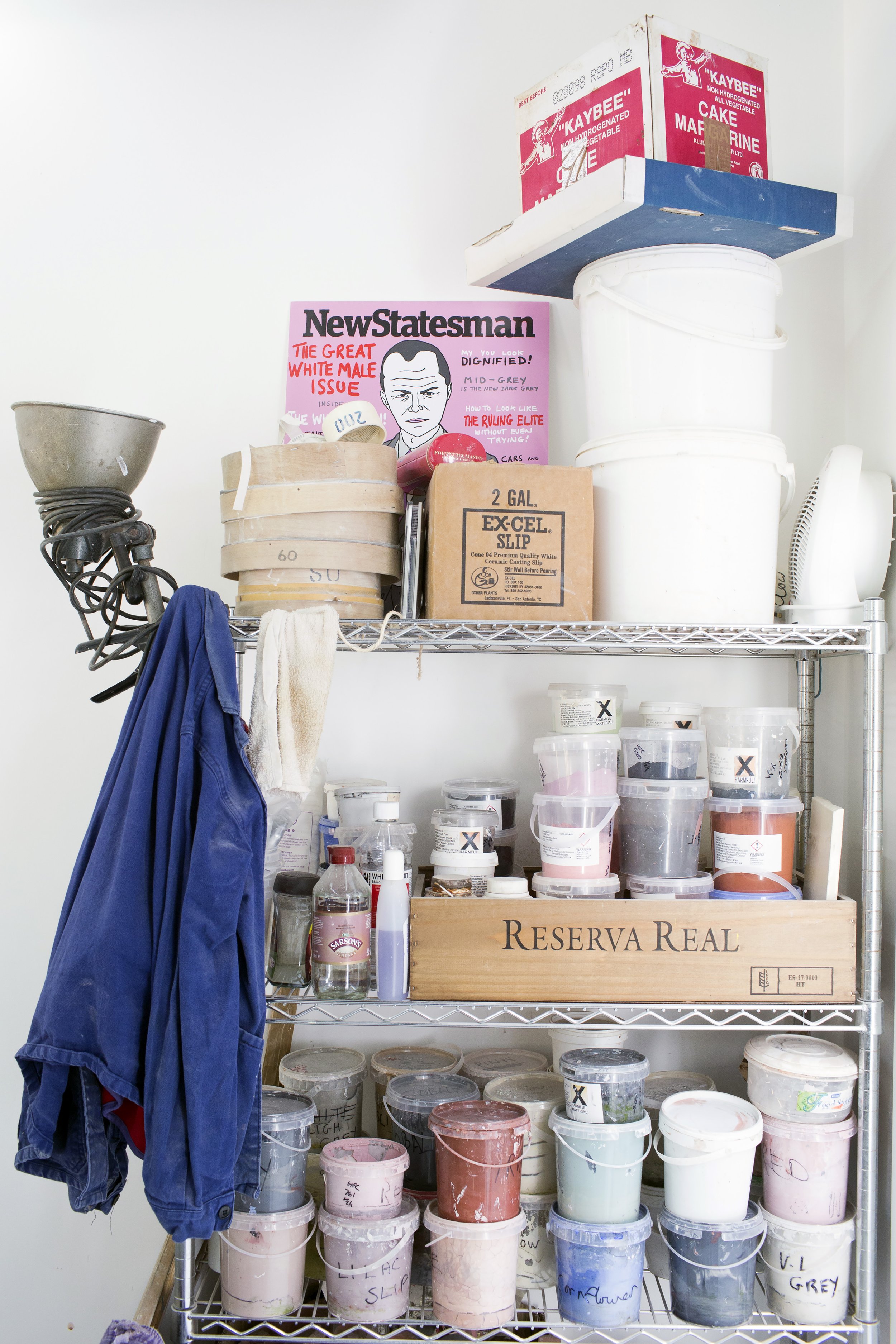   A shelf inside the studio of artist Grayson Perry.   