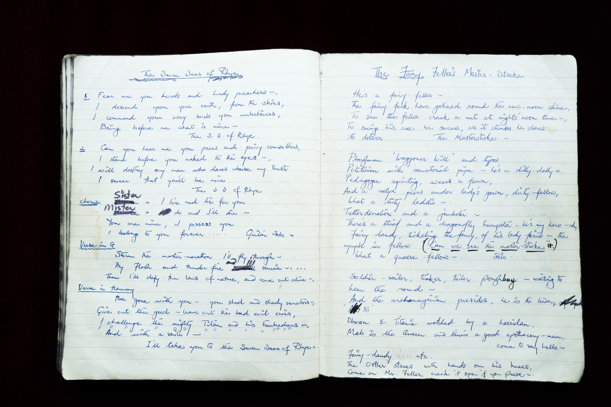   Freddie Mercury’s handwritten lyrics from the 1970’s, inside a red notebook which is believed to be one of his most prized possessions.   