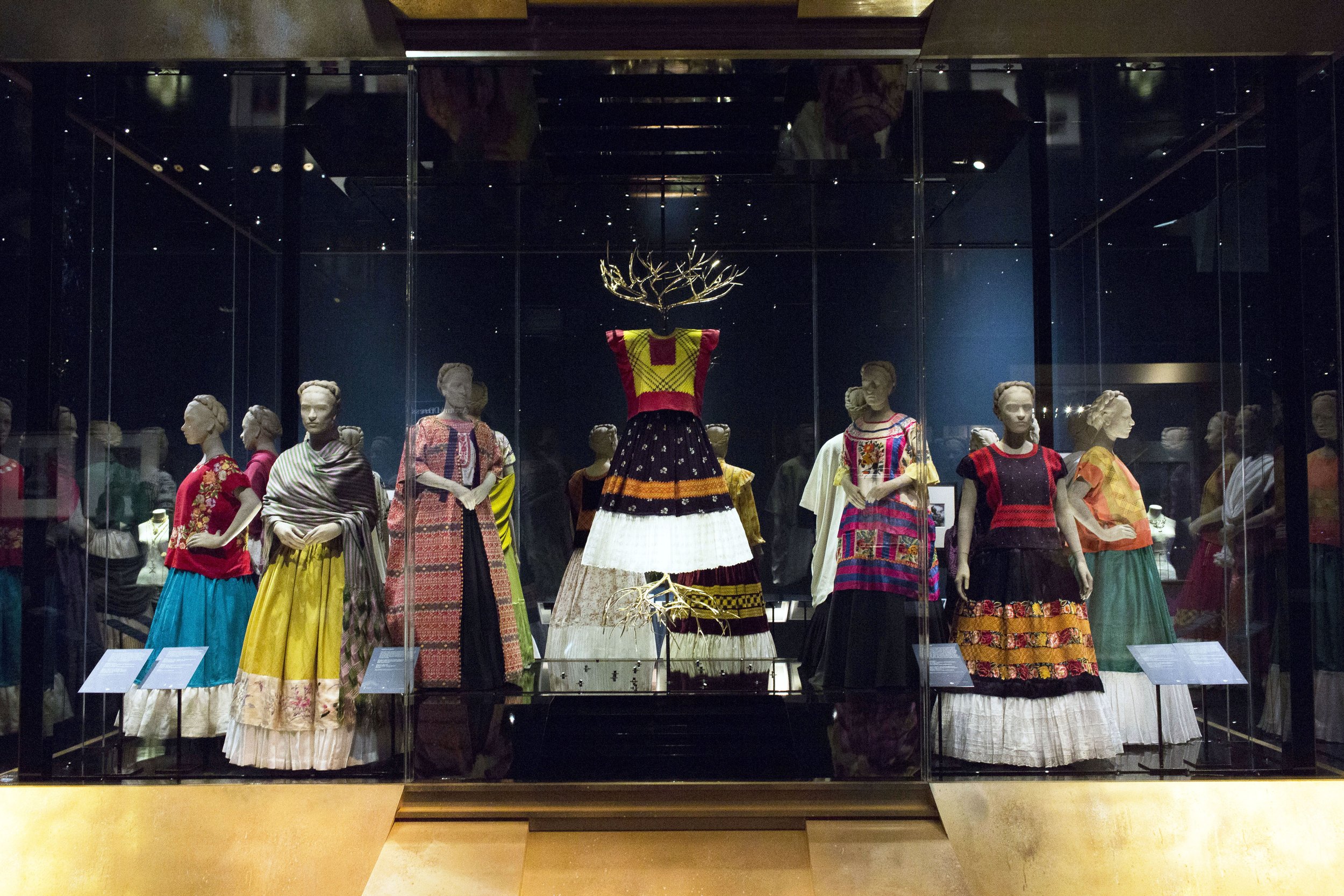   A display of clothes belonging to Frida Kahlo inside an exhibition at the Victoria and Albert Museum in London.   