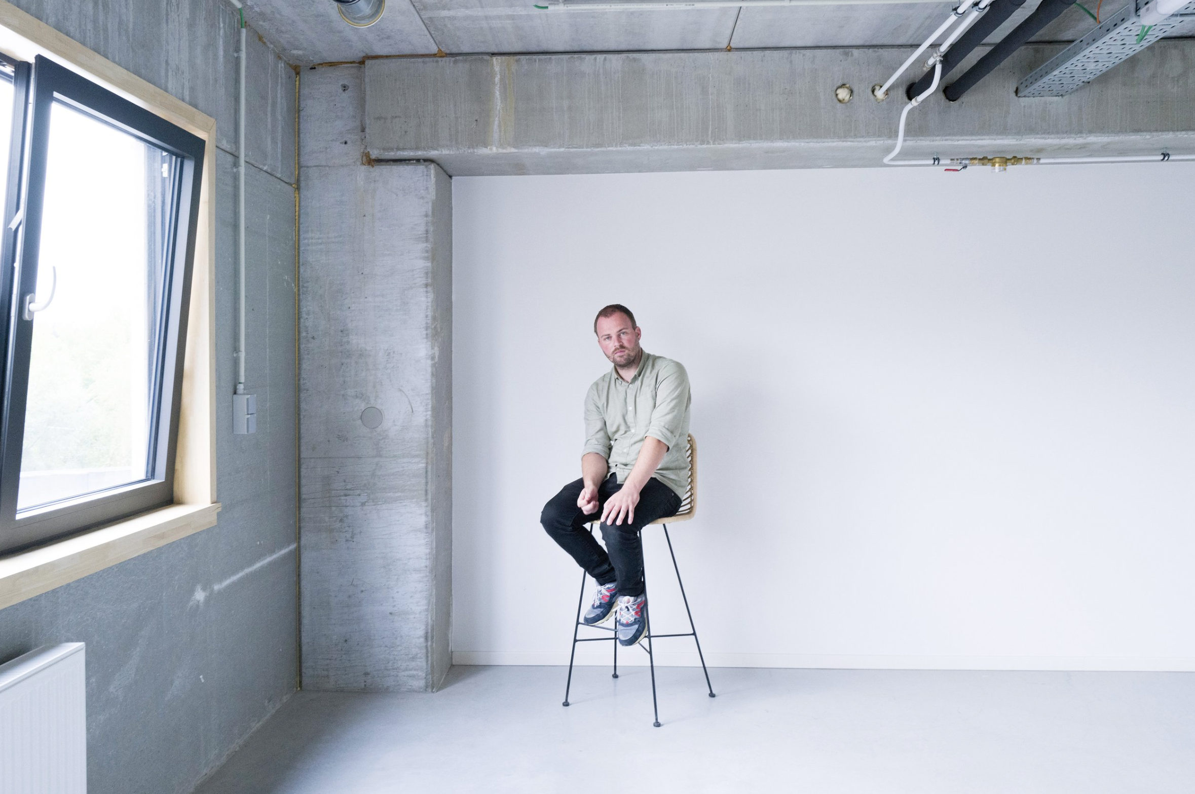   Artist Dries Depoorter in the building of his studio space in Ghent, Belgium.   