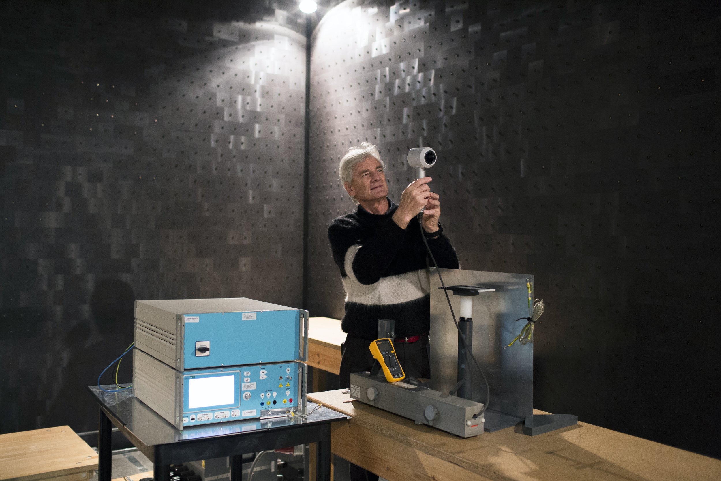   Sir James Dyson with the supersonic hairdryer at Dyson headquarters in Malmesbury, England.   