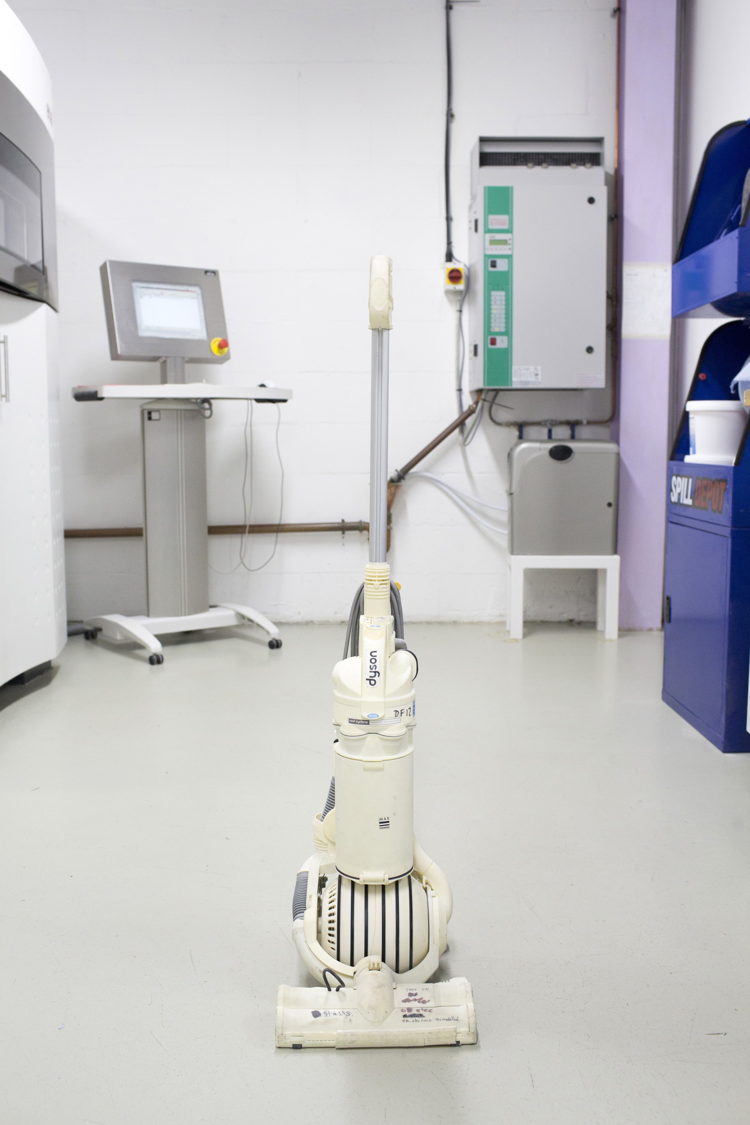   A prototype vacuum cleaner inside the Dyson SLS lab, a prototyping lab for 3D printing.   