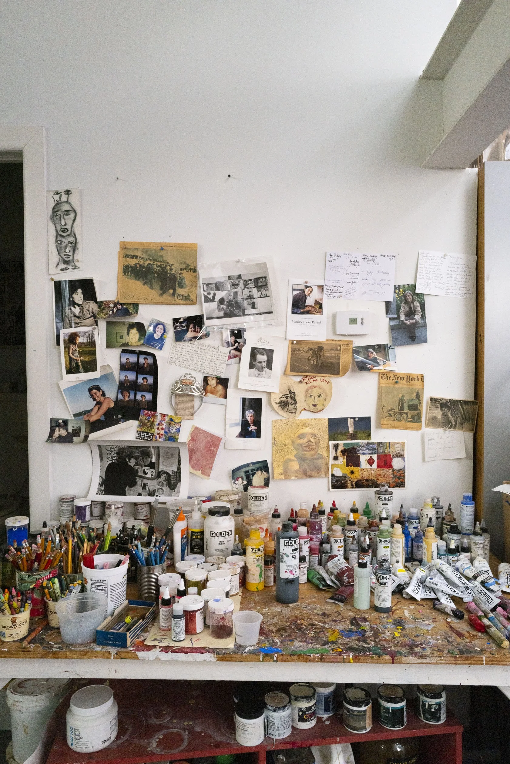 Studio detail of American artist Joan Snyder in Brooklyn