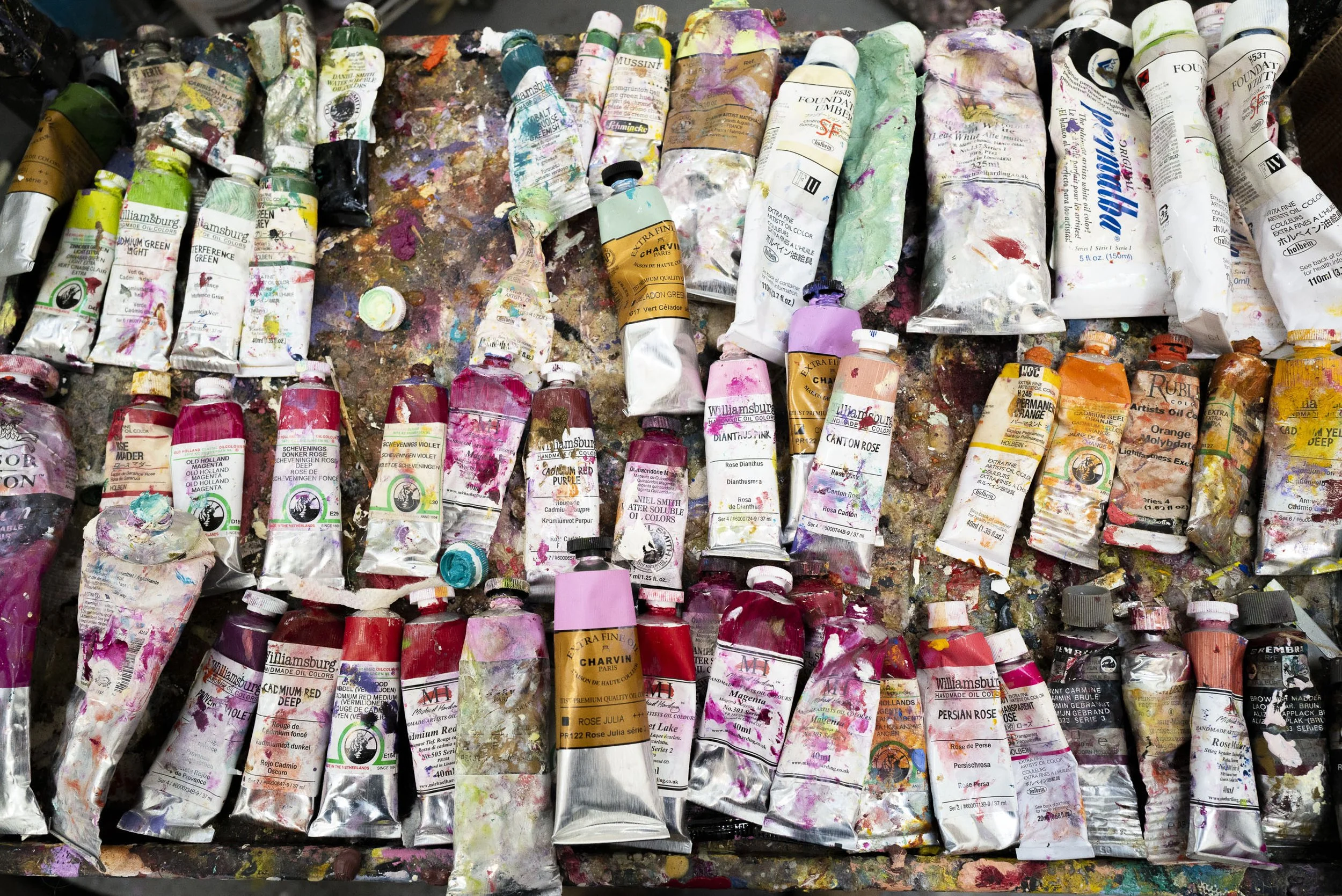 Detail inside the studio of American artist Joan Snyder