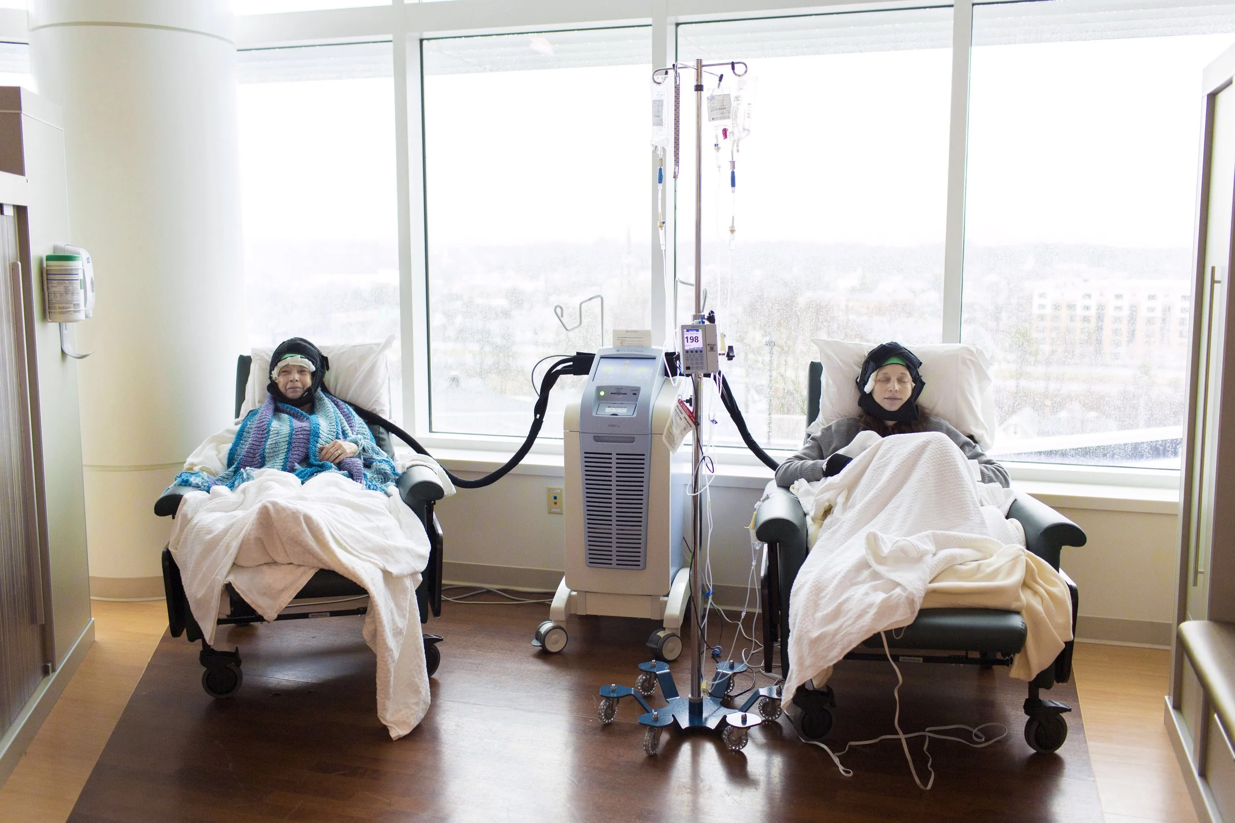 Patients wearing a DigniCap, a scalp cooling system that uses a cap to reduce hair loss during certain types of chemotherapy.