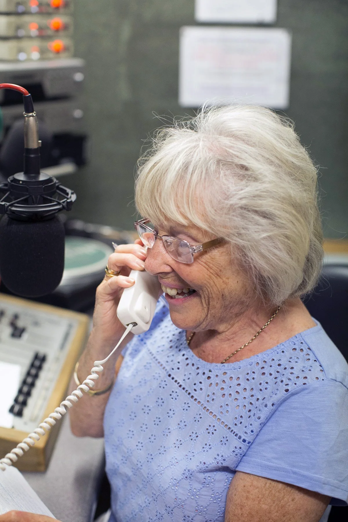 Host Eileen Trodd talking to a listener during her Tea for Two program
