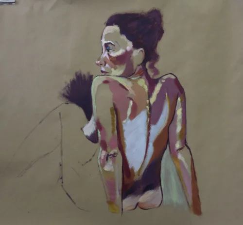 woman leaning back oil on kraft paper 30x30