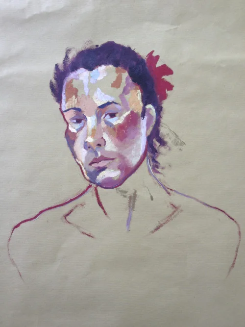 Portrait of a woman with a flower in her hair oil on kraft paper 24x30