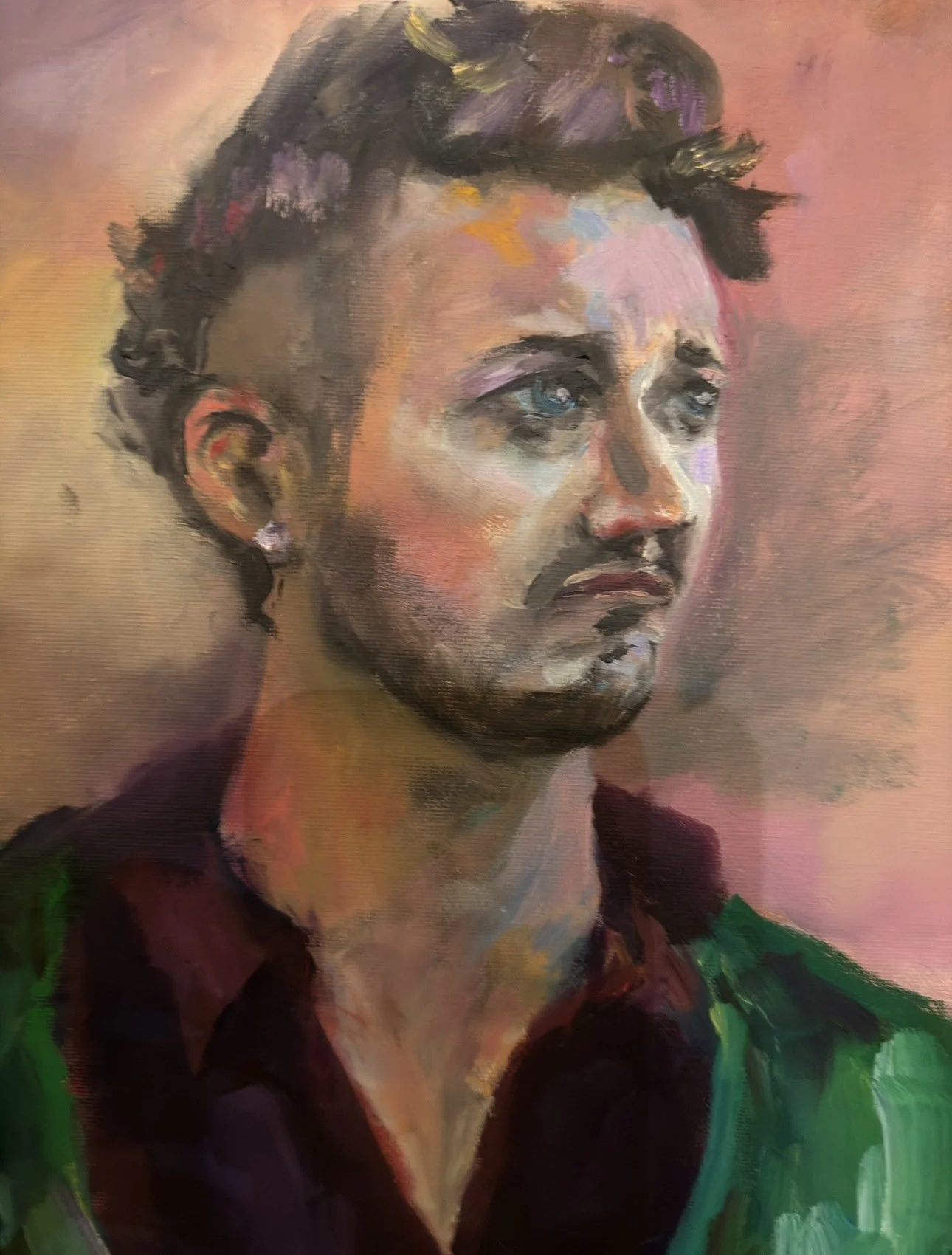 Oil portrait of a young man in green by Kristin Witbeck Lee