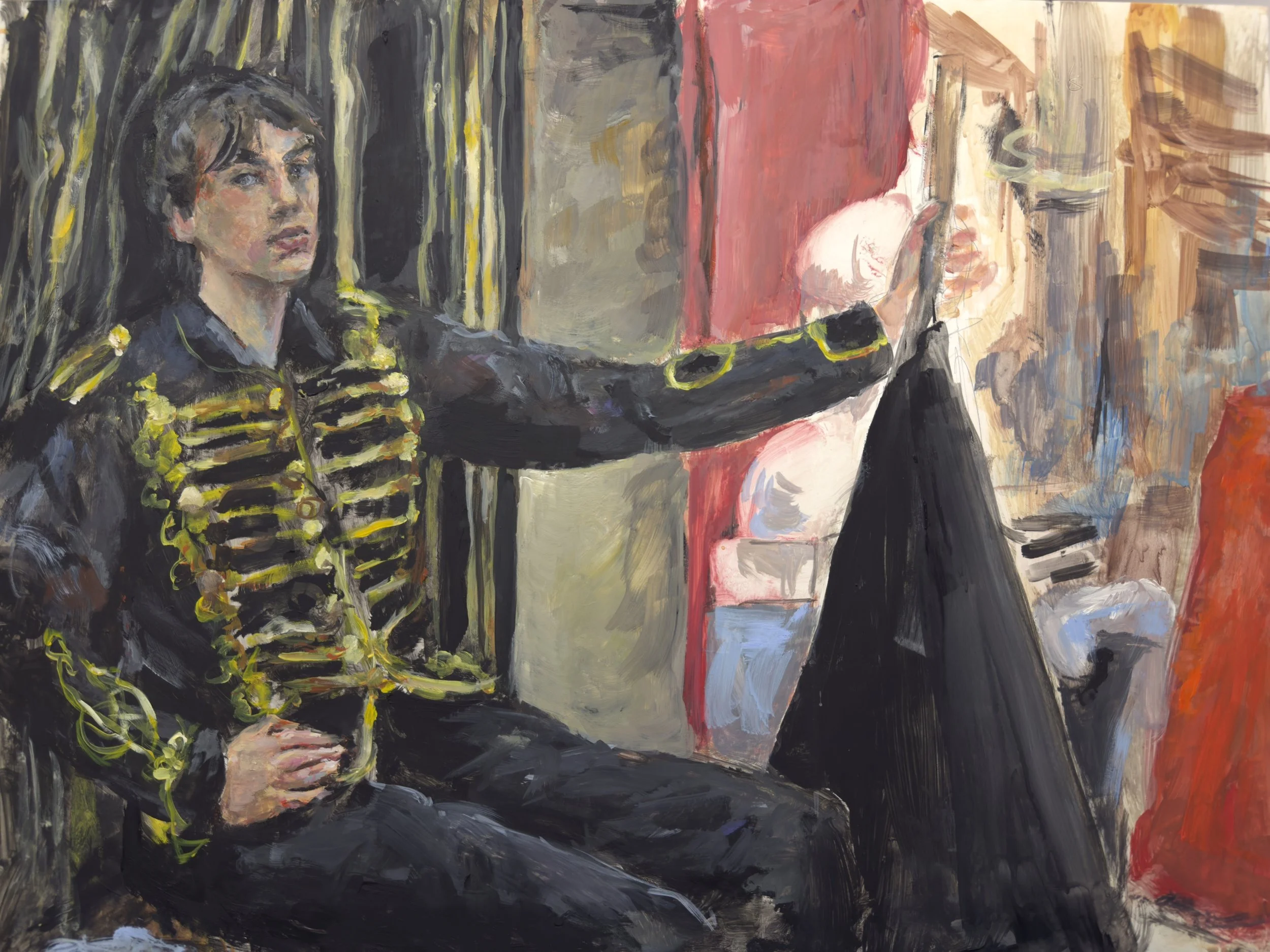Oil portrait of a young man in a braided jacket by Kristin Witbeck Lee