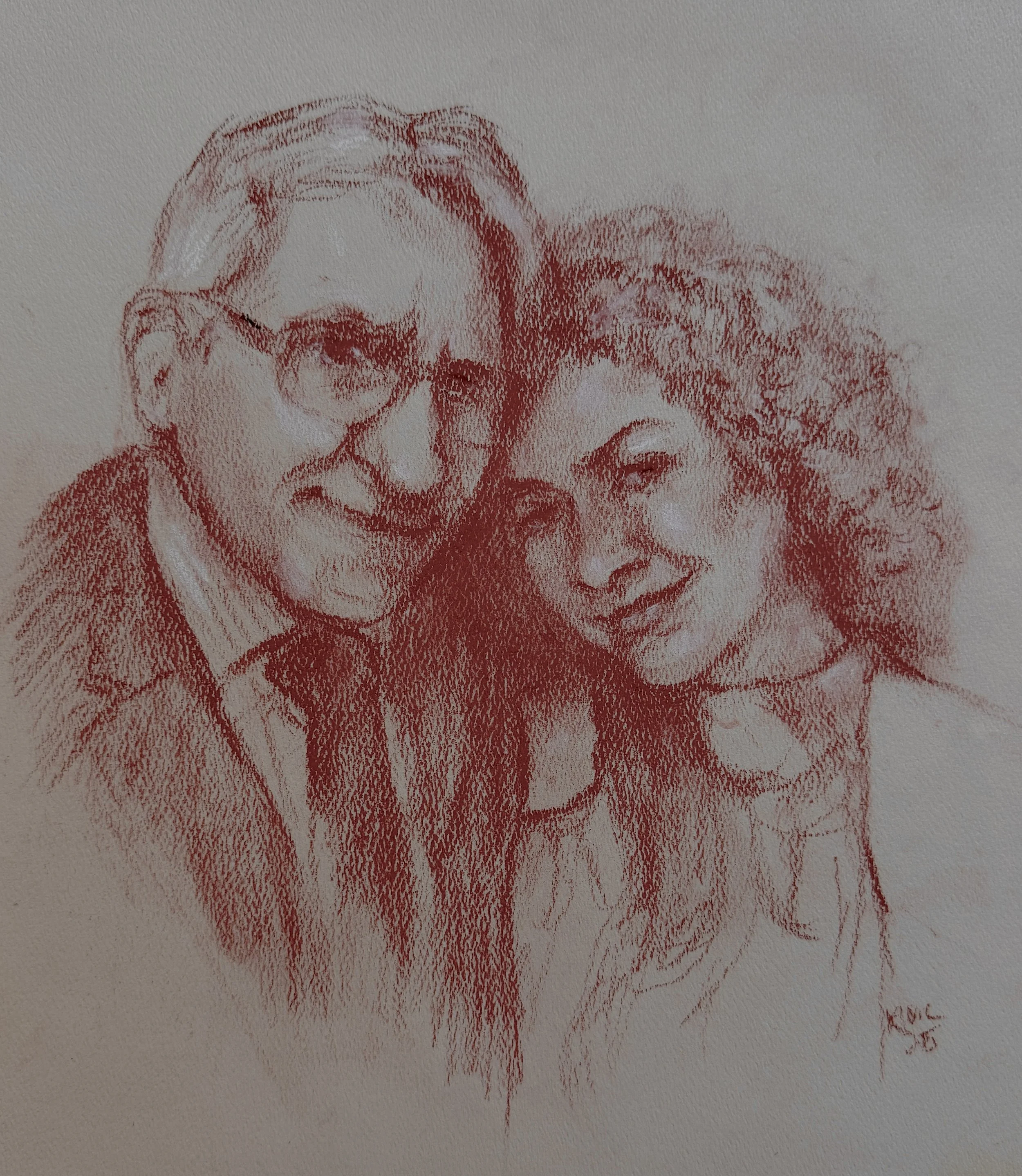 Oil portrait of a couple in red chalk by Kristin Witbeck Lee