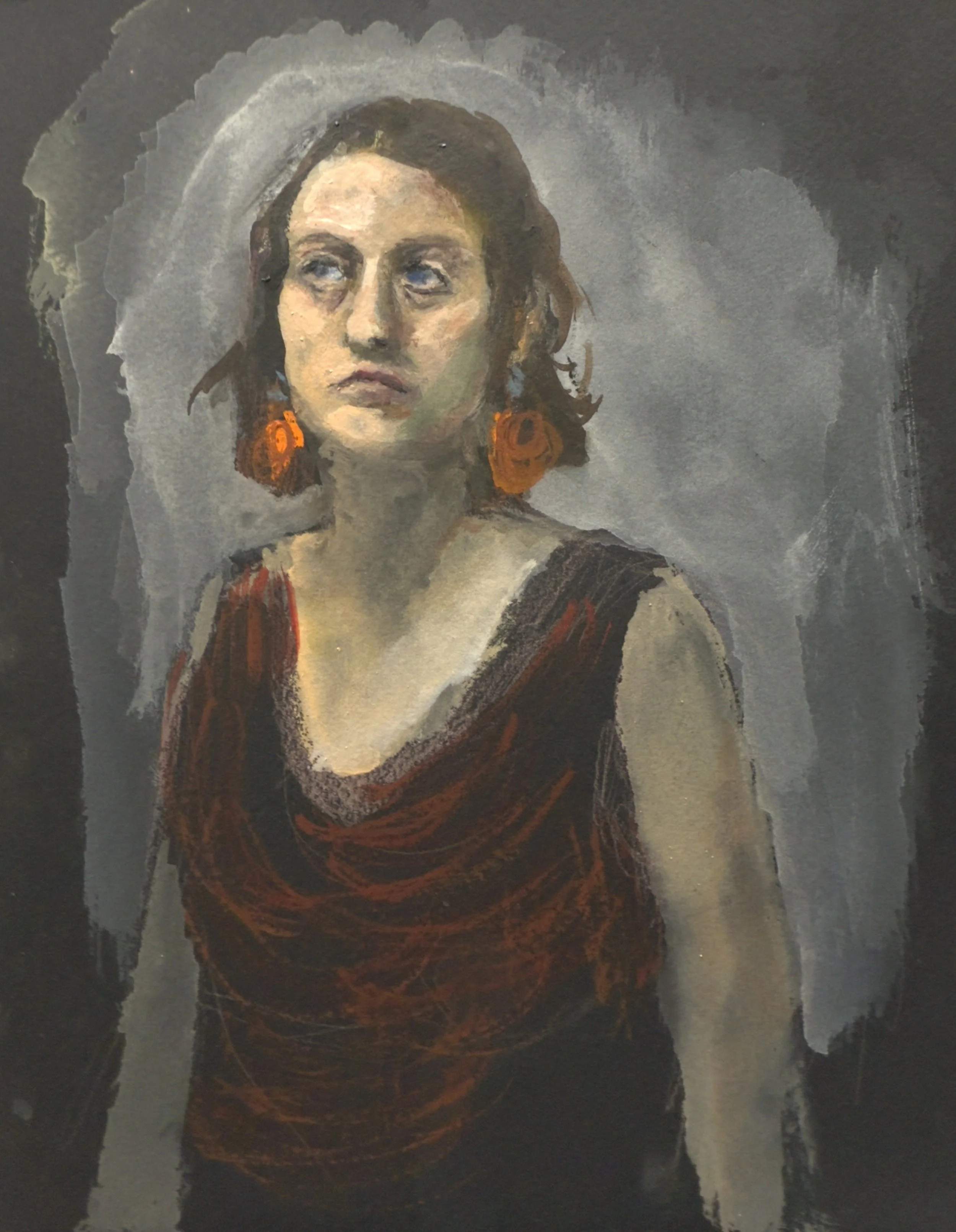 Oil portrait of a woman wearing orange earrings by Kristin Witbeck Lee