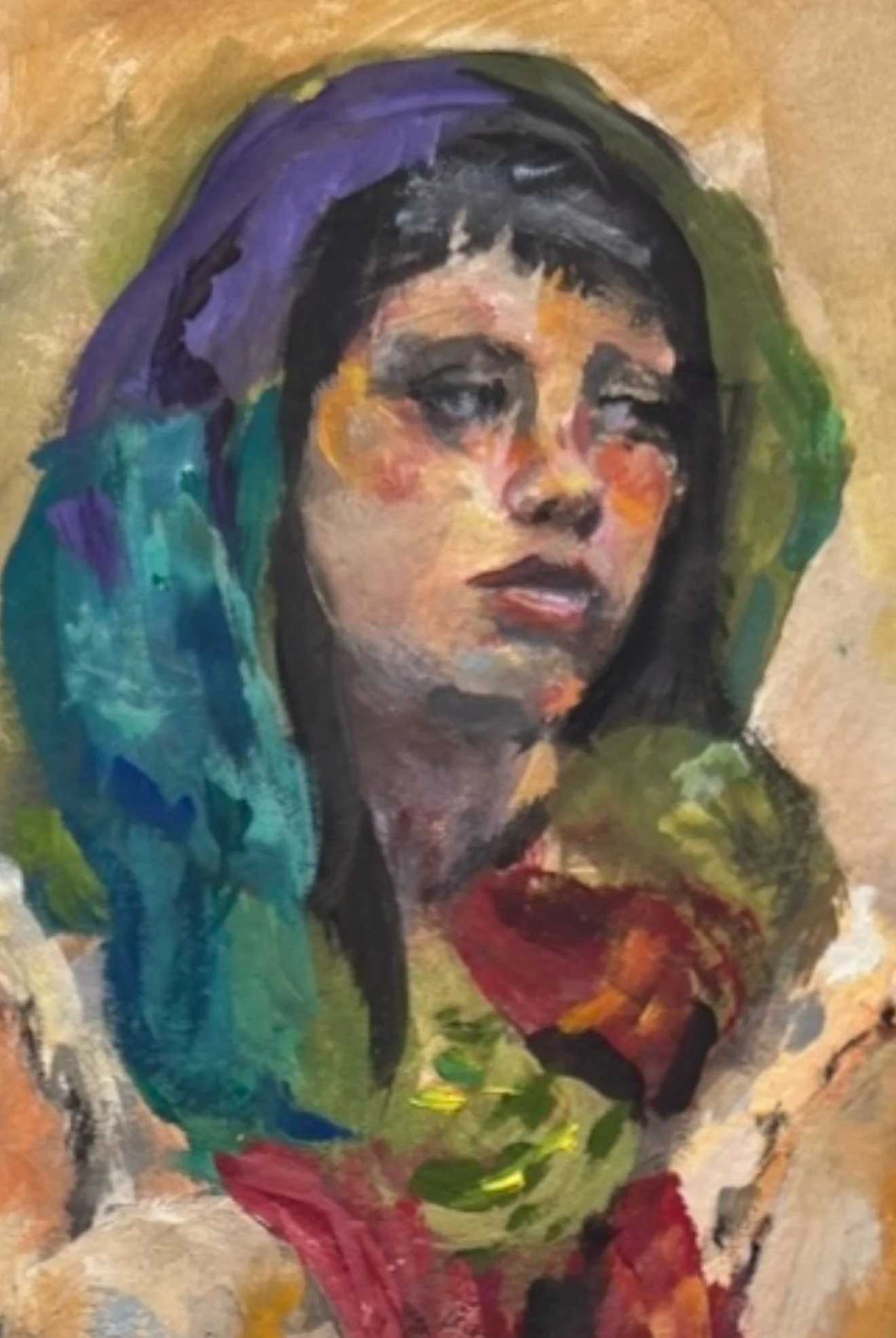 Oil portrait of a woman in a headscarf by Kristin Witbeck Lee