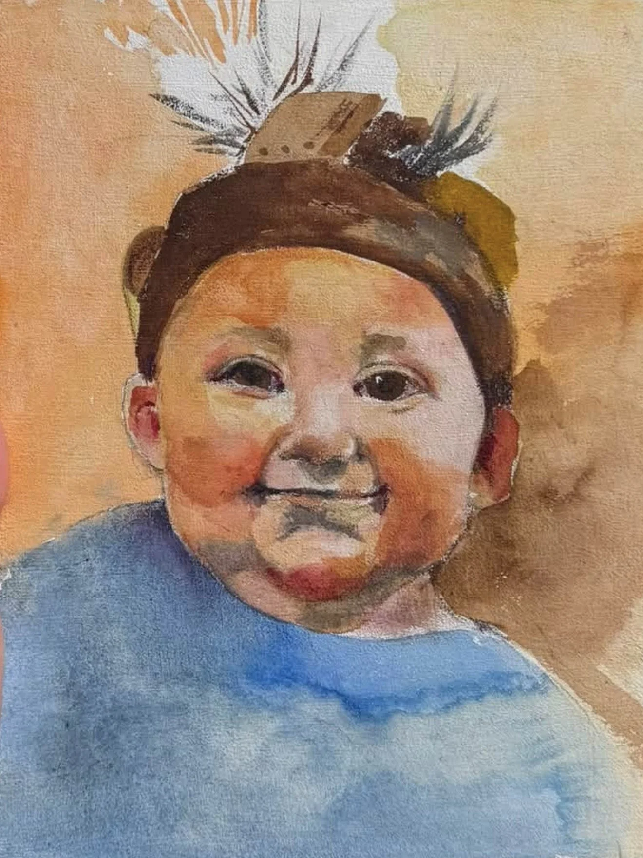Oil portrait of a baby wearing a feather headband by Kristin Witbeck Lee
