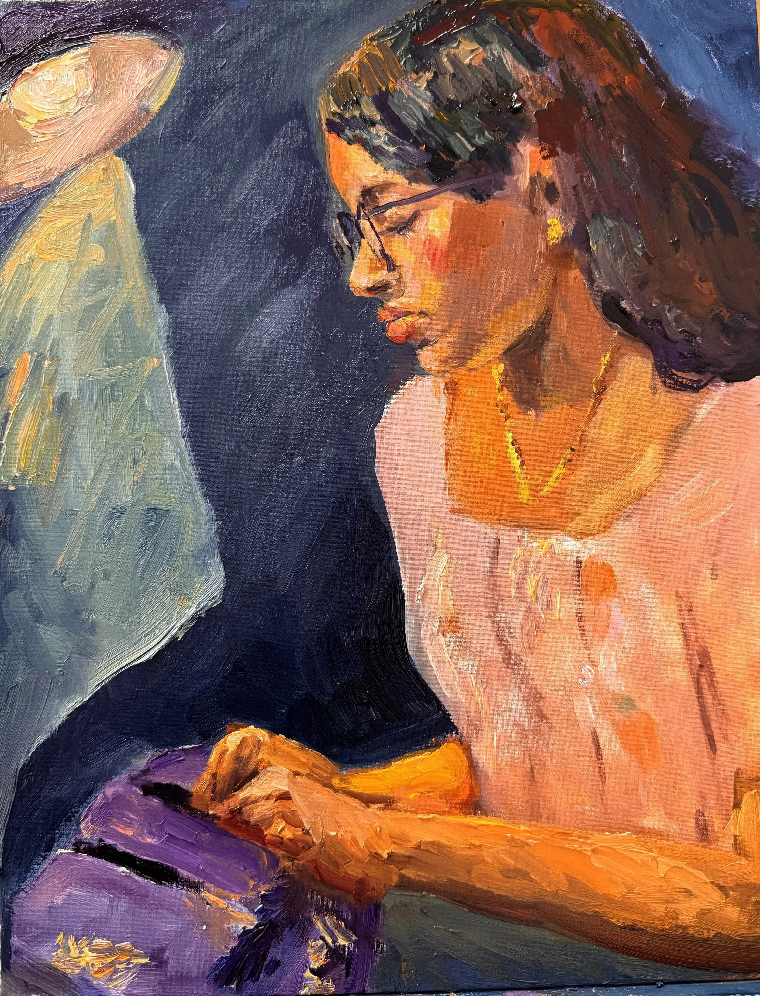 Oil portrait of a woman sewing by Kristin Witbeck Lee