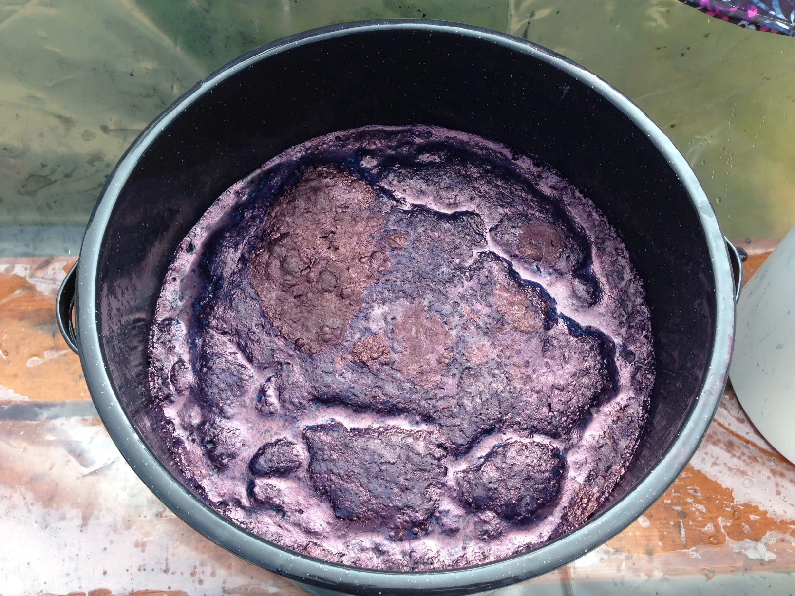 It smells kind of weird and has a coppery texture, but this is just the most beautiful sight to see in an indigo vat.
