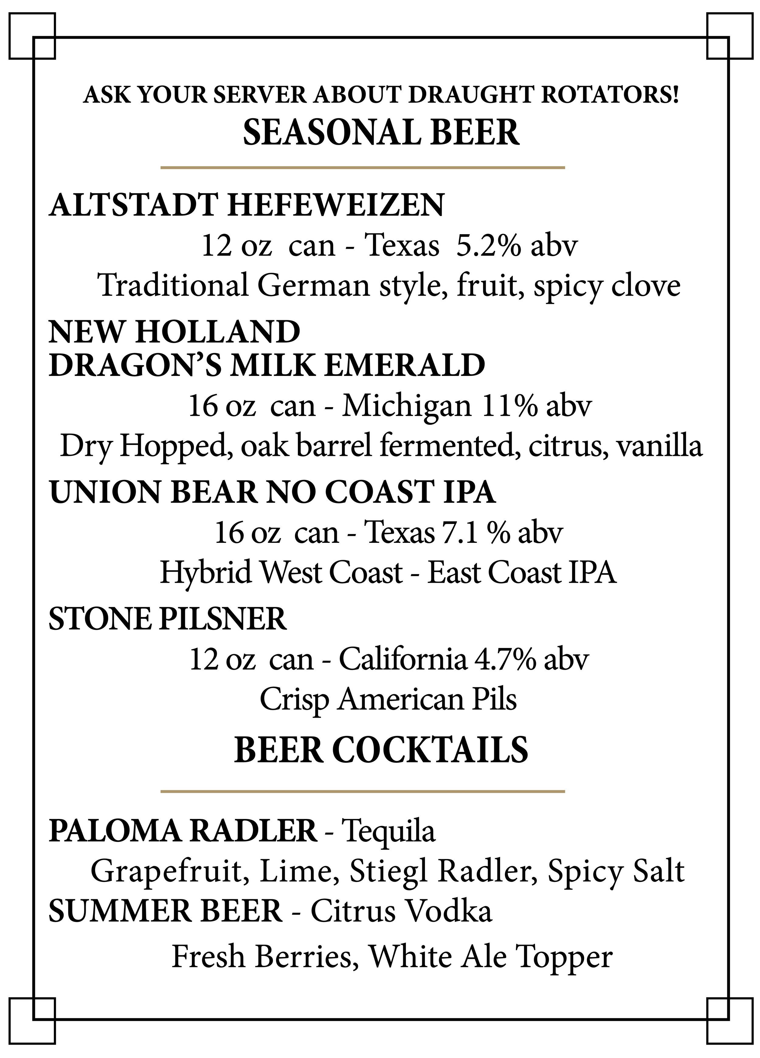 Menu for seasonal beers and beer cocktails, featuring various craft beers, descriptions, alcohol content, and ingredients.