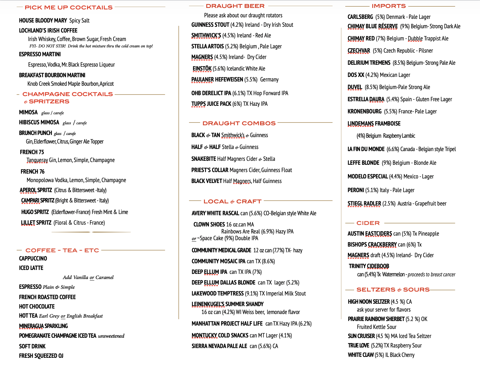 Menu listing beverages including cocktails, beers, craft drinks, coffee, tea, sodas, ciders, and seltzers with descriptions and alcohol content.