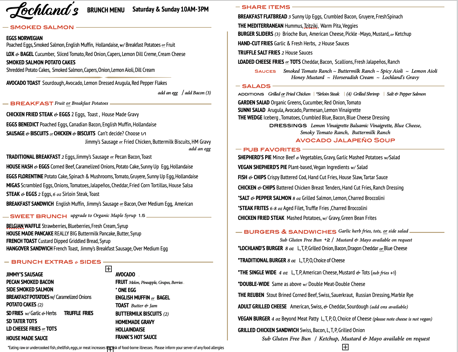 A brunch menu from Lochland's restaurant listing various breakfast, salads, pub favorites, burgers, and sides, including items like smoked salmon, chicken fried steak, and avocado jalapeno soup.