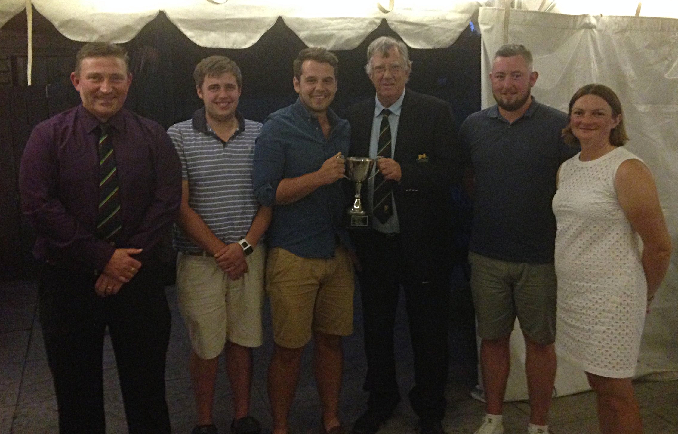 Cumberland Cup winners Tom Mills, Dan Goodwin & Tom Price (Jon Samuel unable to attend) alongside Roger Cumberland (Trophy donor), Chris Offa (Club Captain), Sherrie Edwards (Lady Captain)