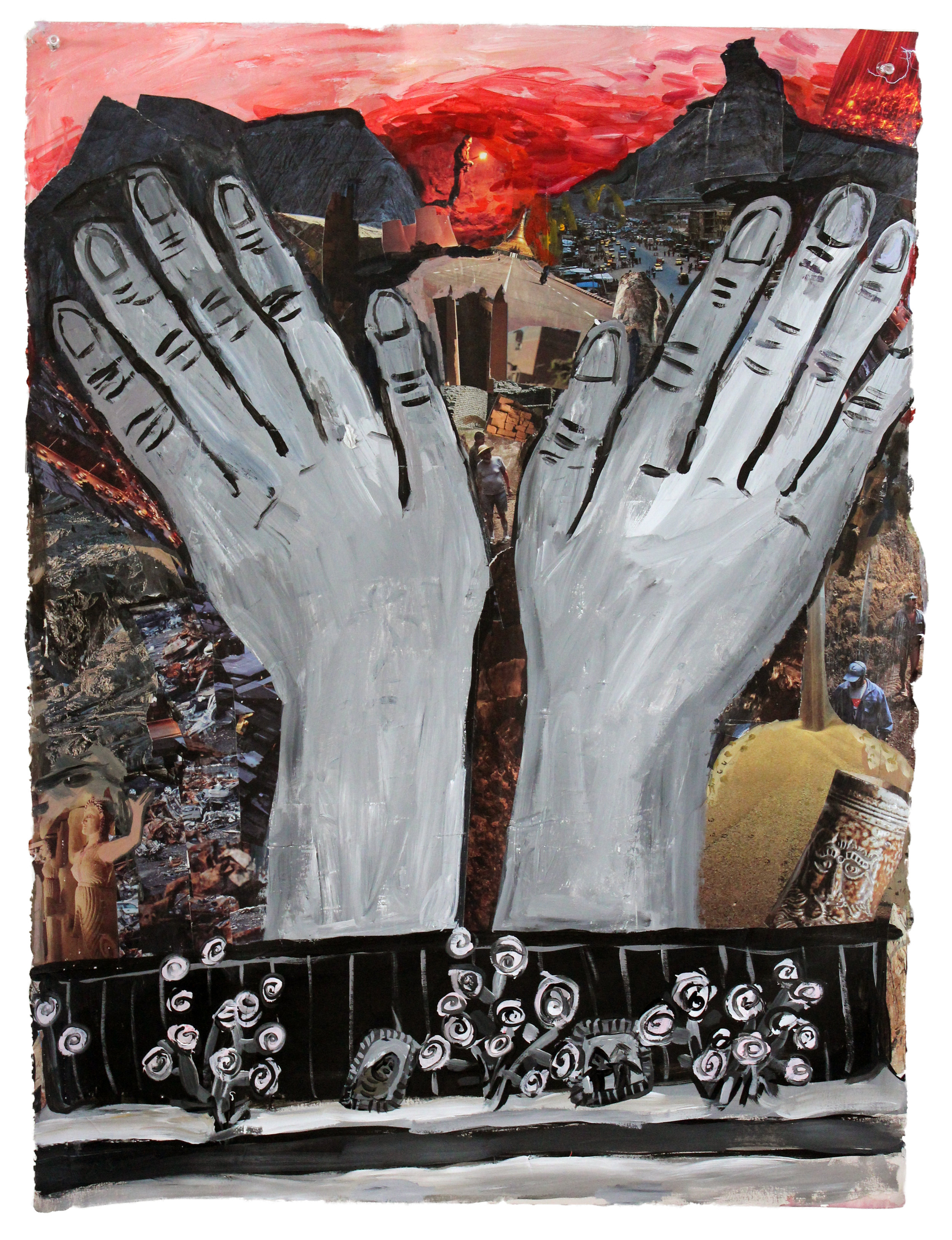  Big Hands  acrylic and collage on paper  30"x22" 