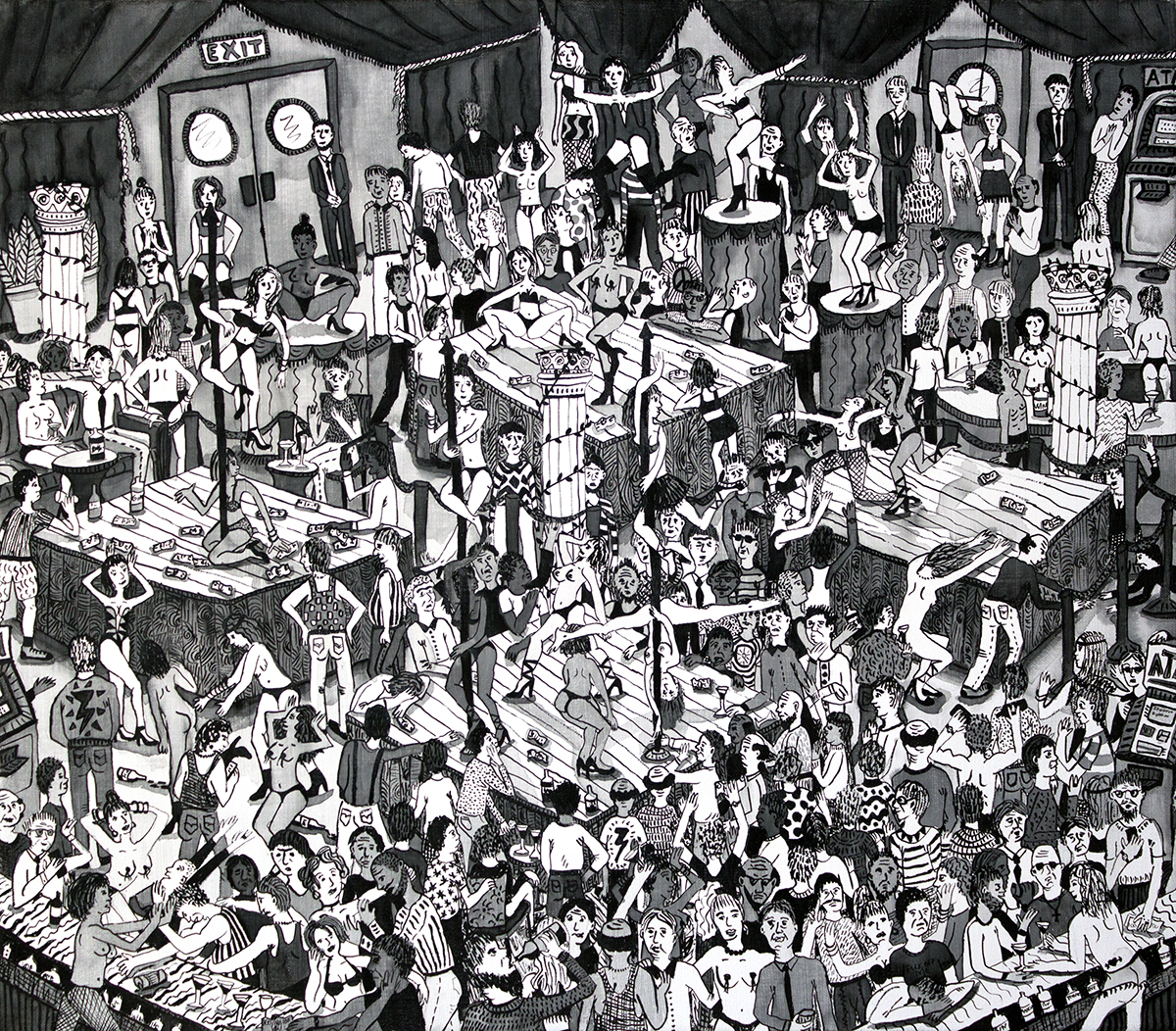  In the Club  ink on canvas  21”x24” 