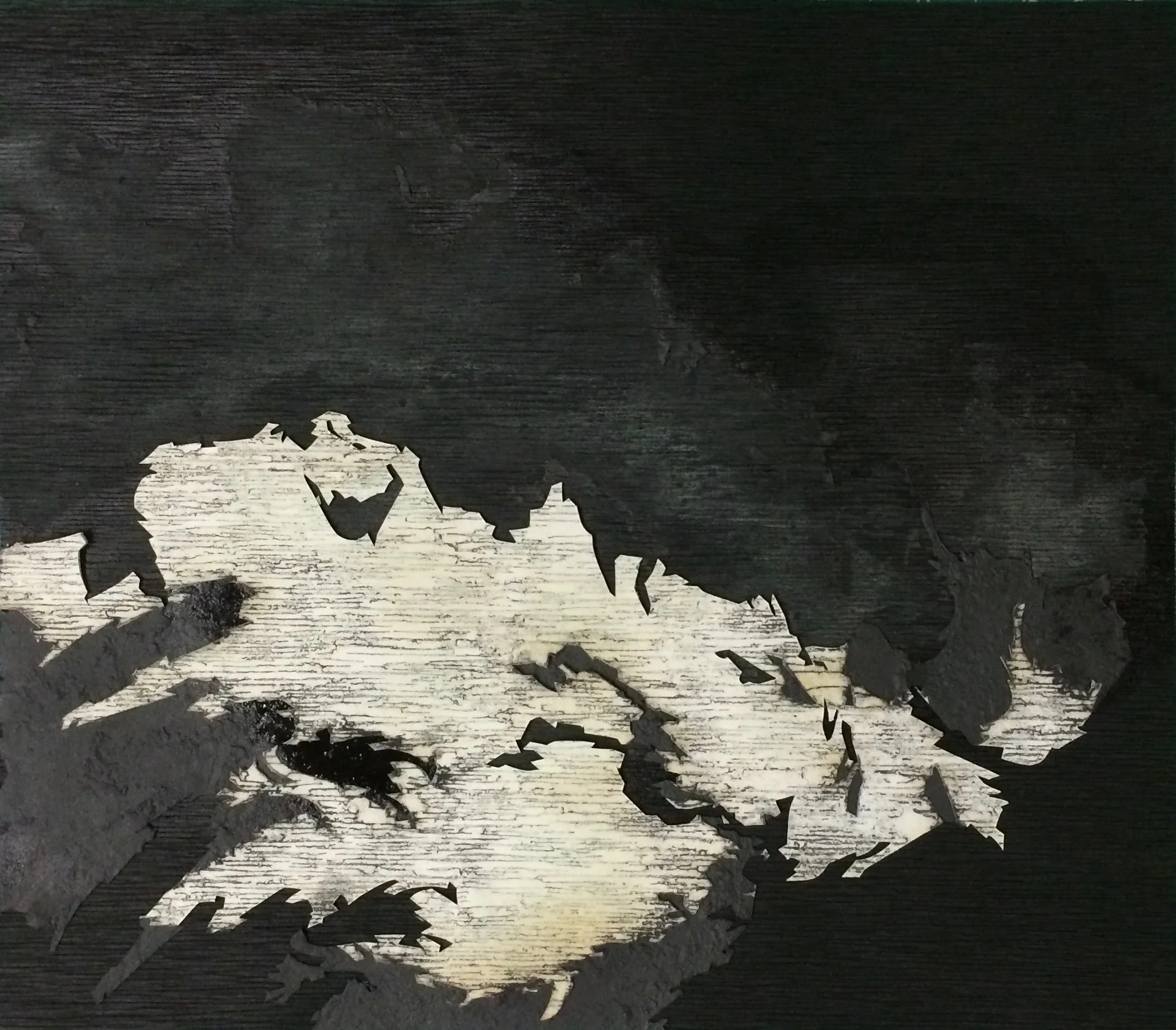 Nero Series no. 1 ; powdered graphite, clear and amber shellac, and collage on textured black Japanese paper; 25cm x 29cm; 2014