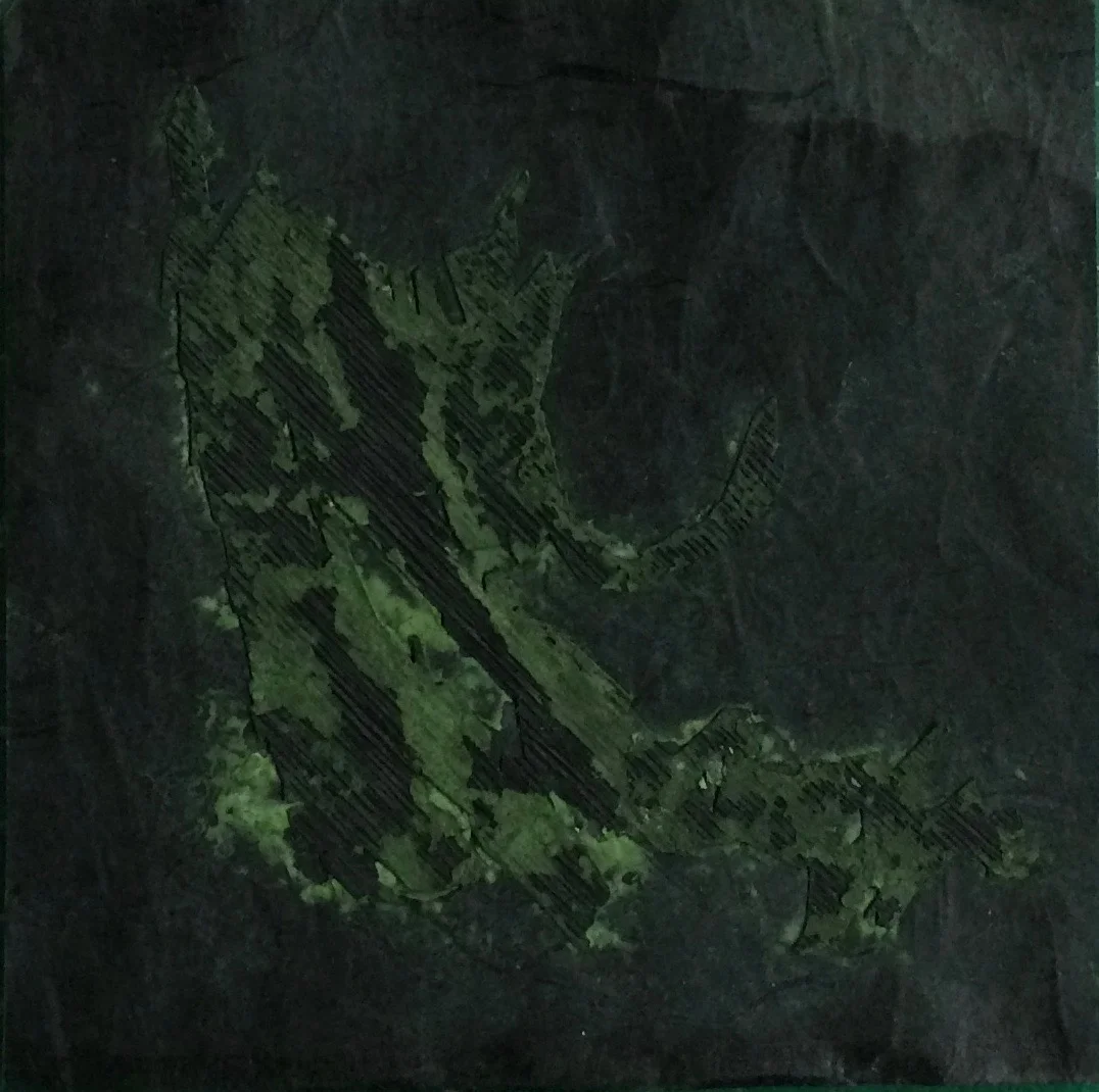 6e Series no.2 ; dry pigment, shellac, and collage on Japanese black paper; 15cm x 15cm; 2016