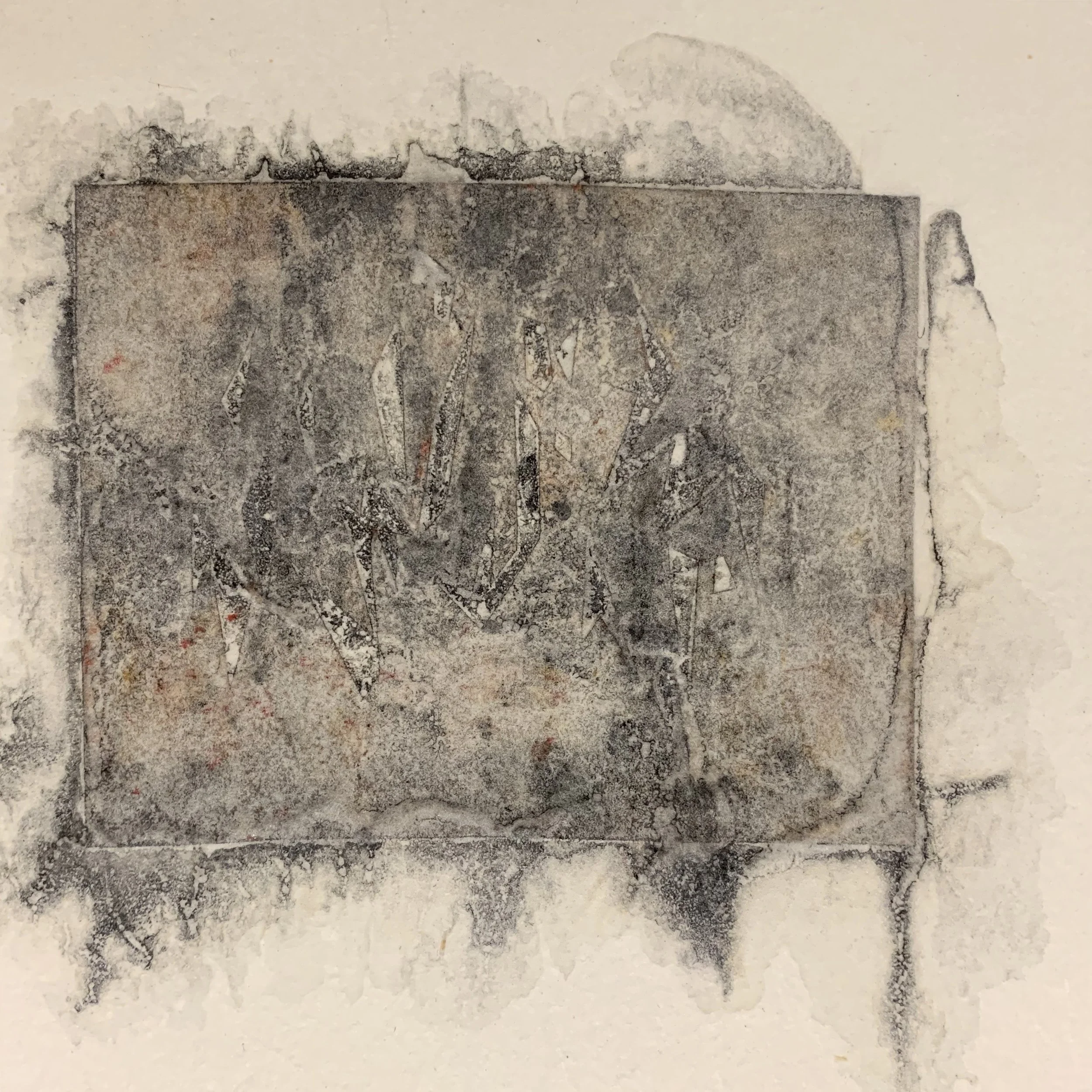   Macmasters Series no. 9;  charcoal powder, earth pigment, shellac, and collage on vintage Kozo washi; 18.5 x 18.5cm; 2019 