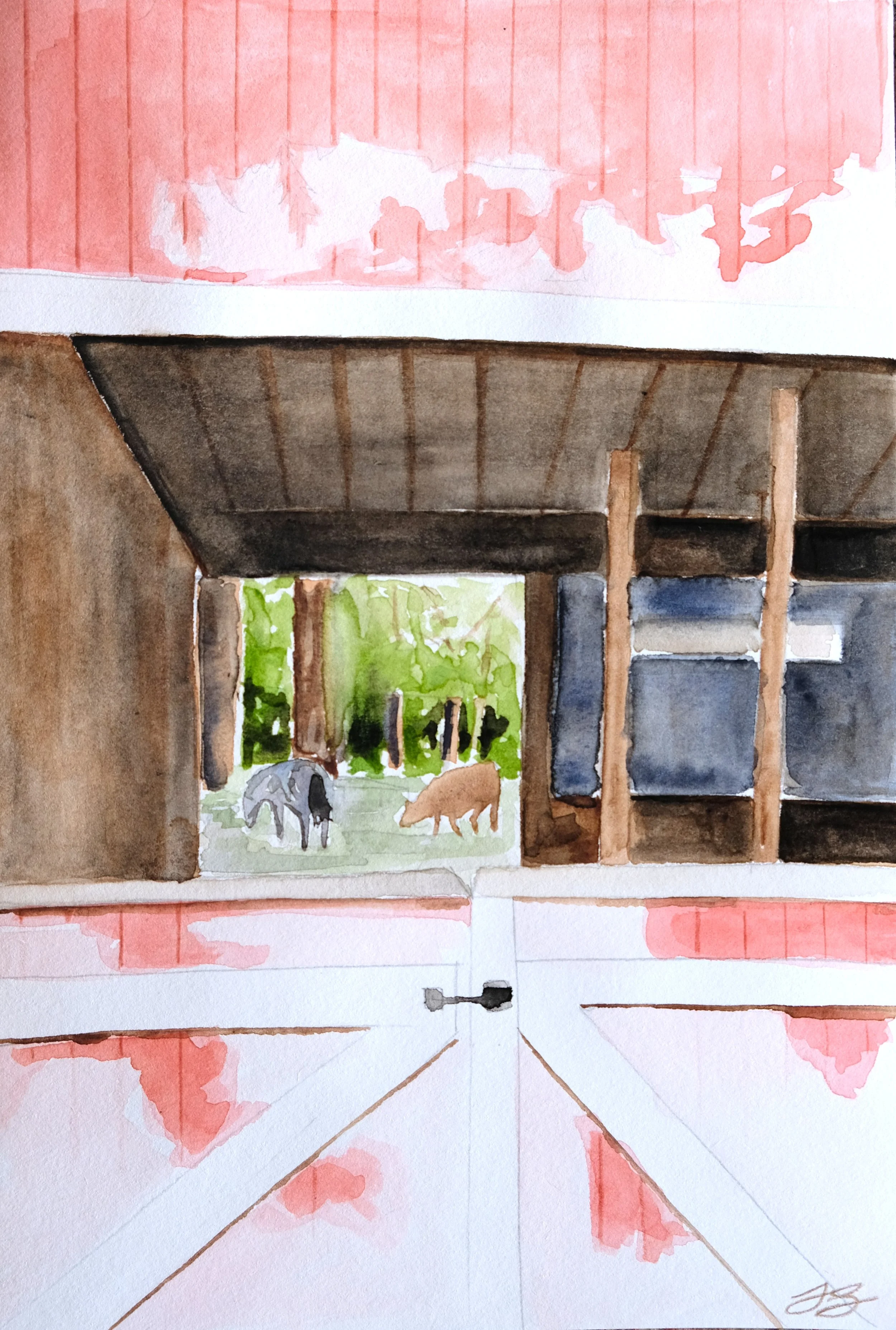 "The Barn," a small watercolor painting of a view at my school. 