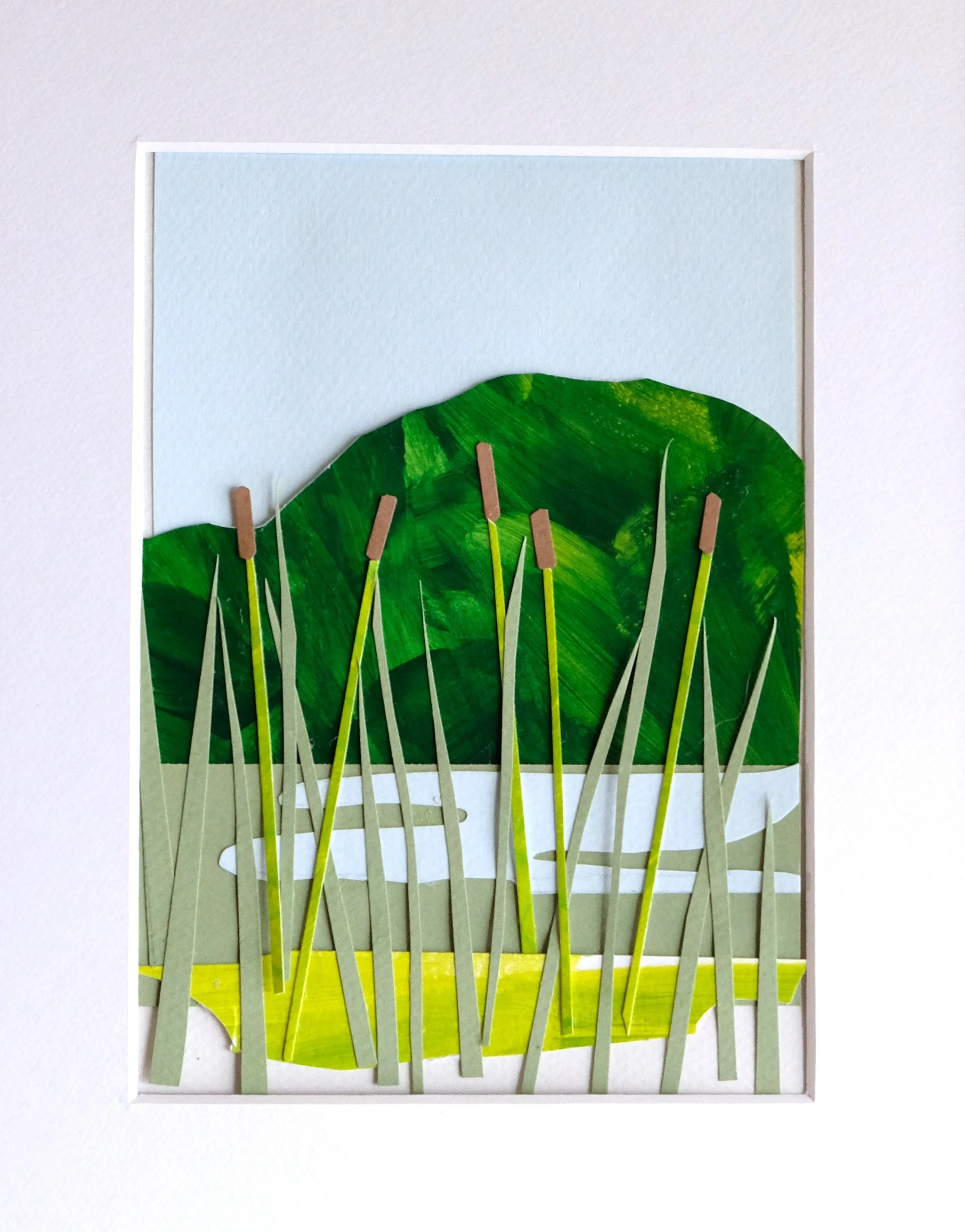 Cattails at the Marsh, Framed Painted Paper Collage, 11x14