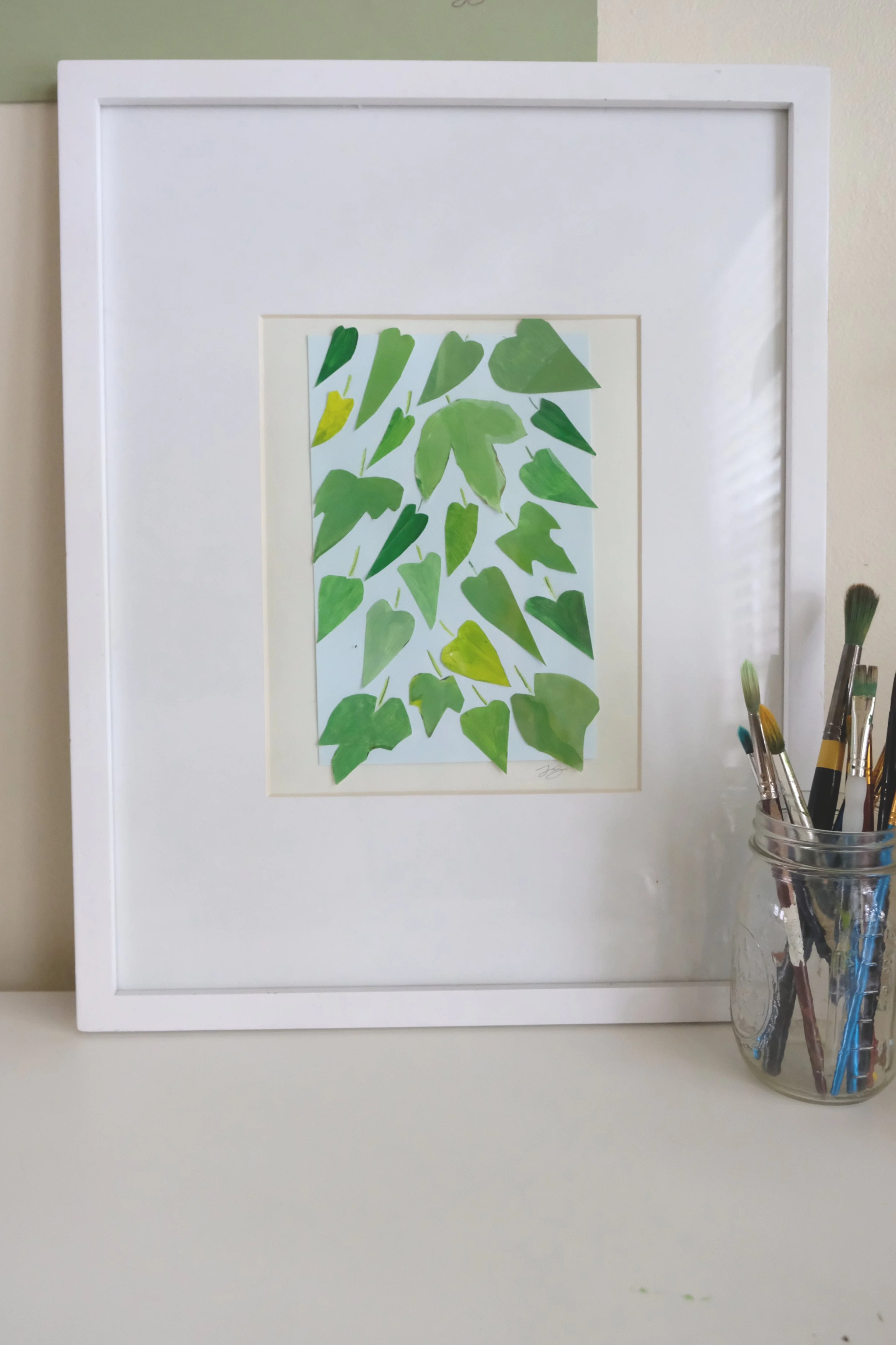 Green Bouquet, Framed Painted Paper Collage, 16x20