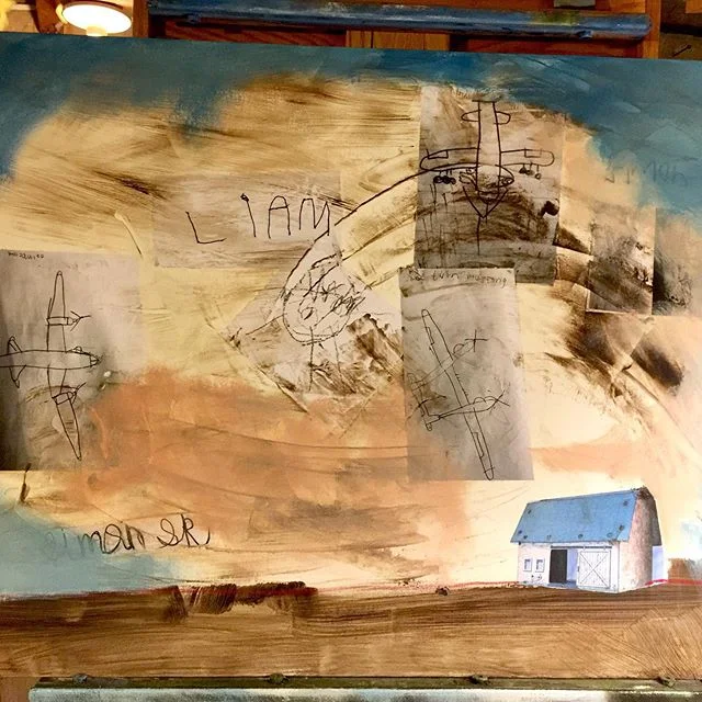 Process pics from a fun commission for a friend! You can see images of her sonsβ hand-written names and their drawings, collaged onto the canvas before I painted over them with the familiar quiet hilltop and cloud... Itβs not done in exactly three steps, but this shows a progression! And I love how it turned out π!
Thank you to my artist friend @amyskretta for this opportunity π€β¨!
.
.
.
.
.
.
#artcommission #originalart #collage #barn #barnart #barnpainting #cloud #cloudart #hillside #hilltop #quietart #contemplativeart #blueskies #quietspace #artfulhome #artinhome #modernhome #contemporaryart