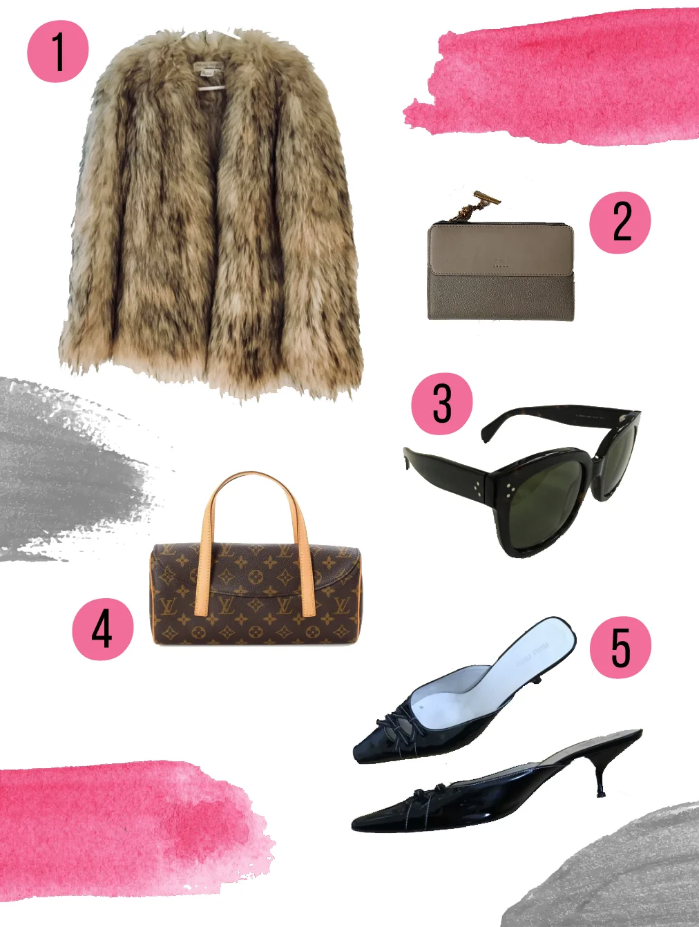 1. FUR COAT // 2. CHLOE WALLET // 3. CELINE SUNGLASSES // 4. LOUIS VUITTON BAG // 5. MIU MIU MULES