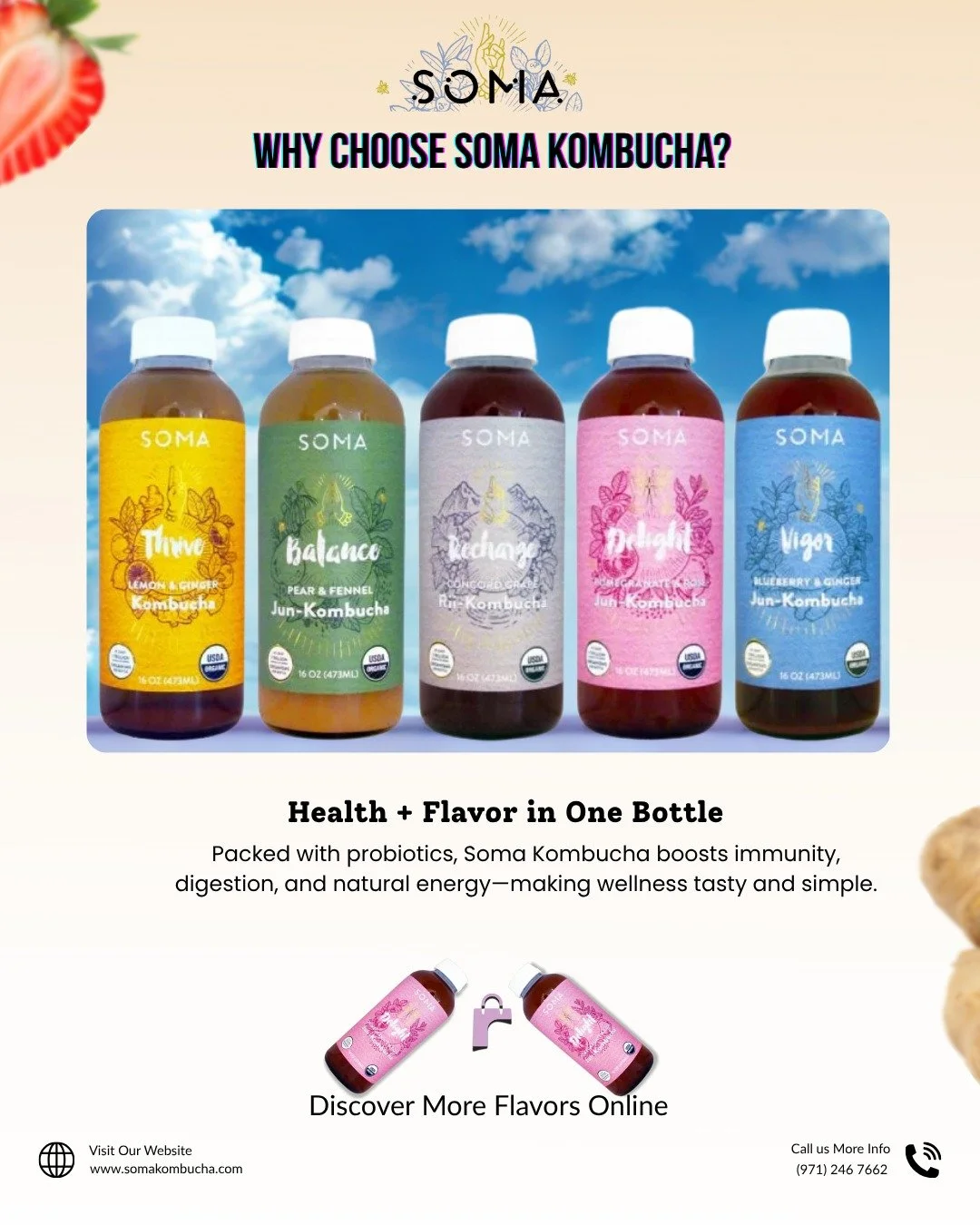 Why settle for ordinary when you can sip extraordinary? 🌿

Soma Kombucha is packed with probiotics that boost your gut health, strengthen immunity, and give you natural energy all while tasting absolutely delicious. From your morning ritual to a mid