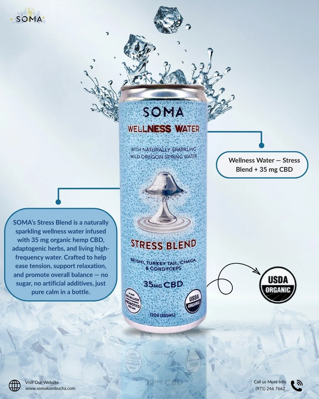 Let calmness flow with every sip 💧 SOMA Wellness Water Stress Blend is your daily reset &mdash; naturally sparkling, infused with 35 mg organic CBD, adaptogenic herbs, and living high-frequency water. Crafted to ease tension, support relaxation, and